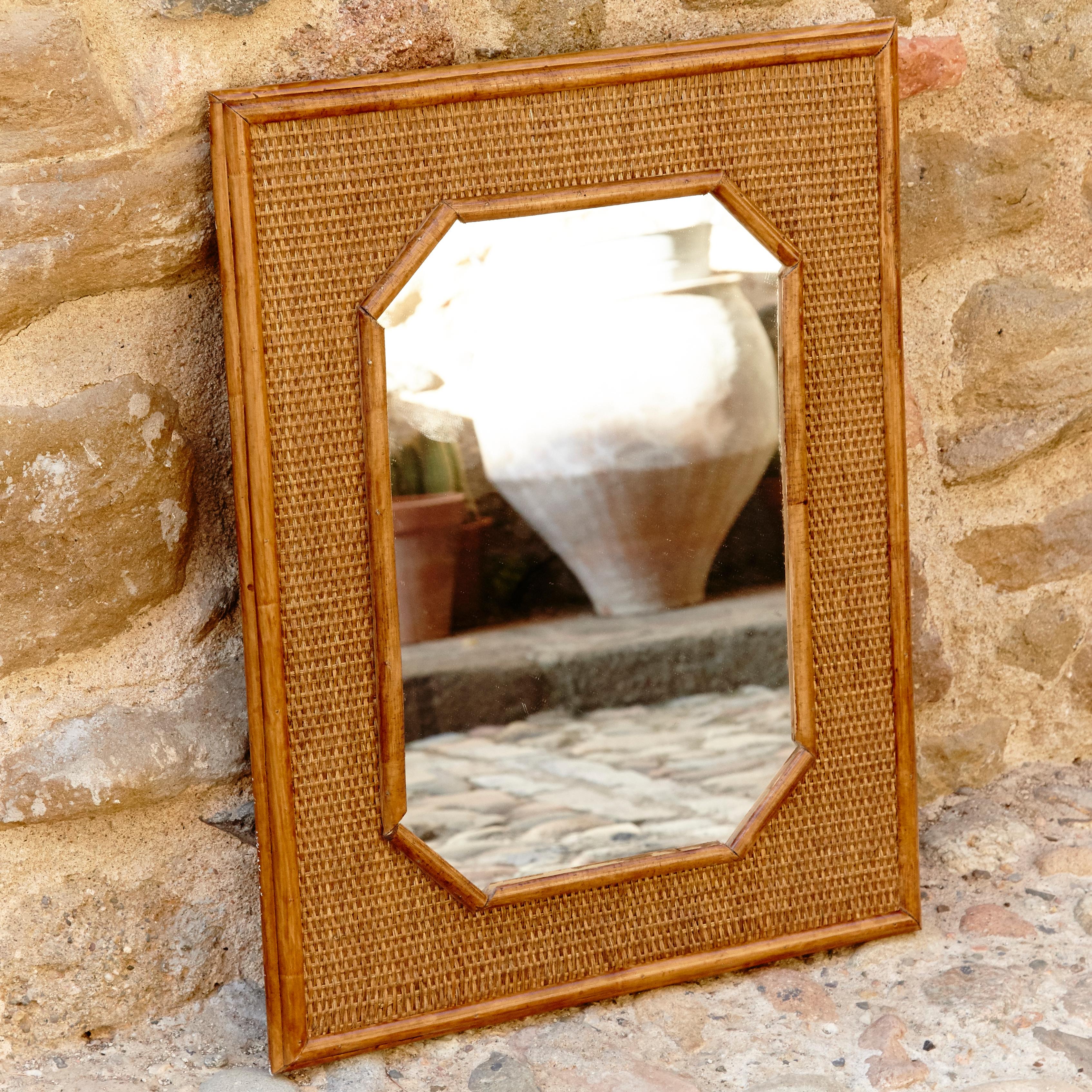 French Mid-Century Modern Handcrafted Bamboo and Rattan Mirror, circa 1960 1