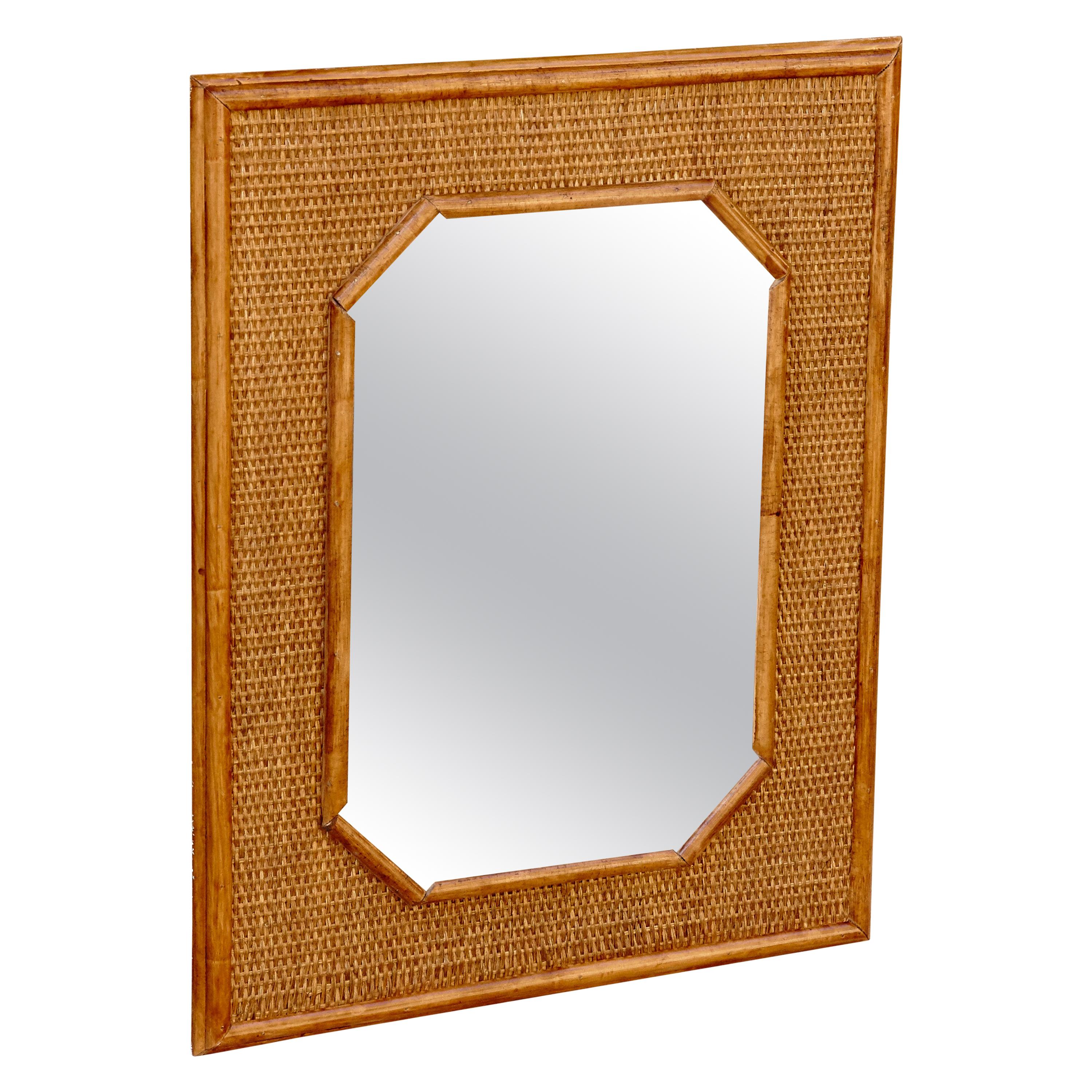 French Mid-Century Modern Handcrafted Bamboo and Rattan Mirror, circa 1960