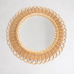 French Mid-Century Modern Handcrafted Rattan Wall Mirror - Circa 1960