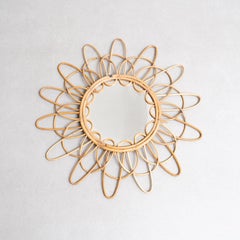 French Mid-Century Modern Handcrafted Rattan Wall Mirror - Circa 1960