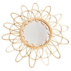French Mid-Century Modern Handcrafted Rattan Wall Mirror - Circa 1960
