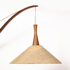 French Mid-Century Modern Handrubbed Teak Swing-Arm Wall Sconce w/ Hessin Shade