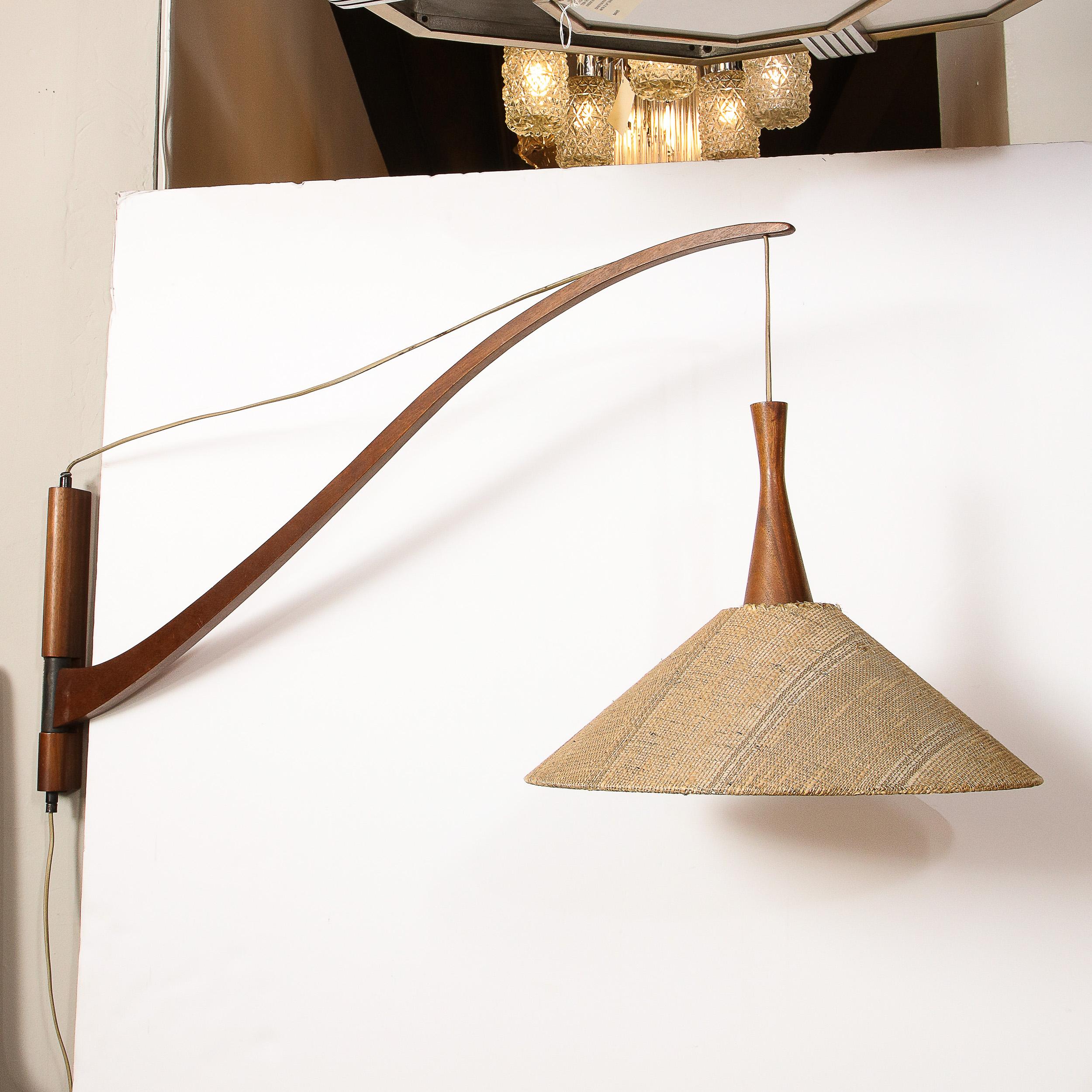 Mid-20th Century French Mid-Century Modern Handrubbed Teak Swing-Arm Wall Sconce w/ Hessin Shade