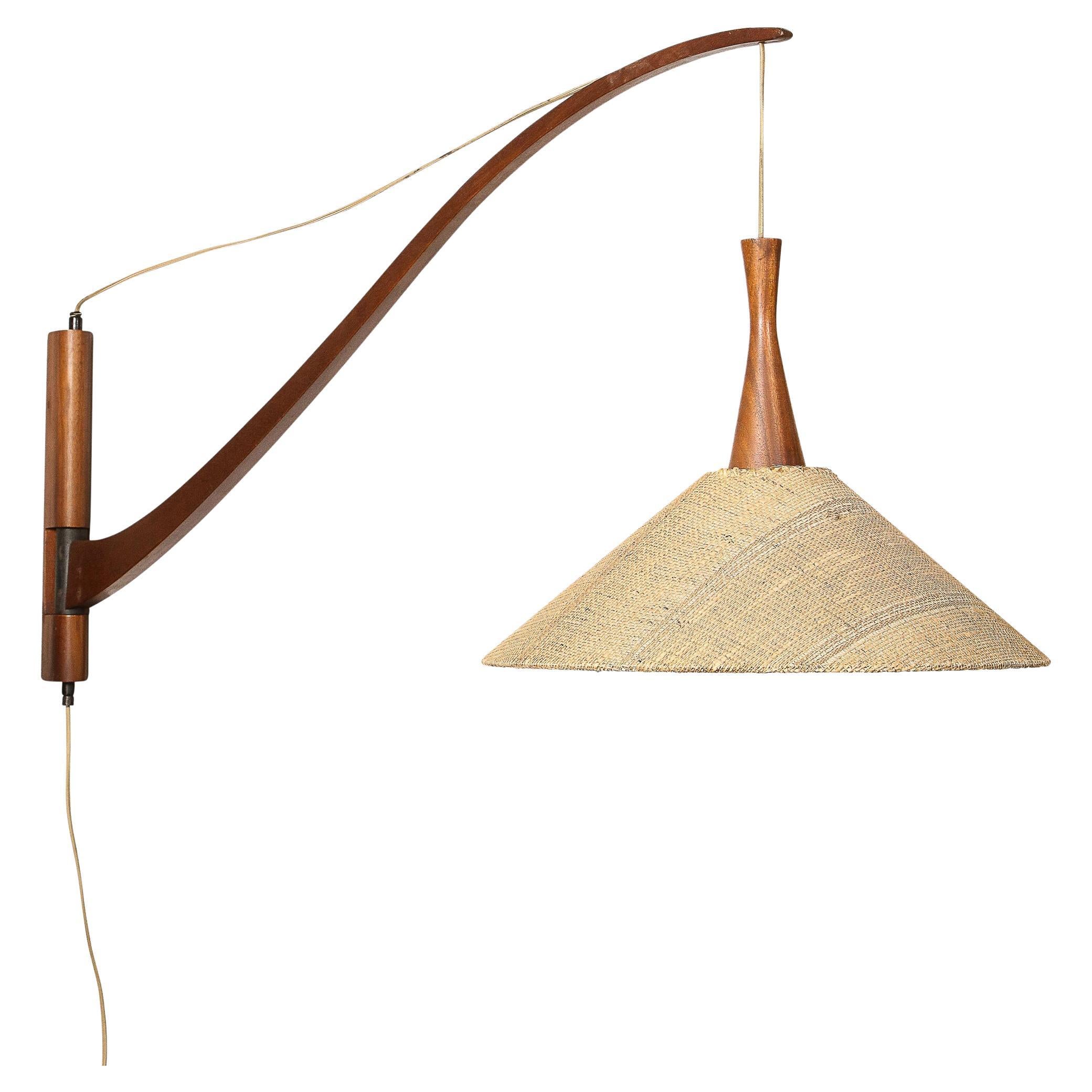 French Mid-Century Modern Handrubbed Teak Swing-Arm Wall Sconce w/ Hessin Shade