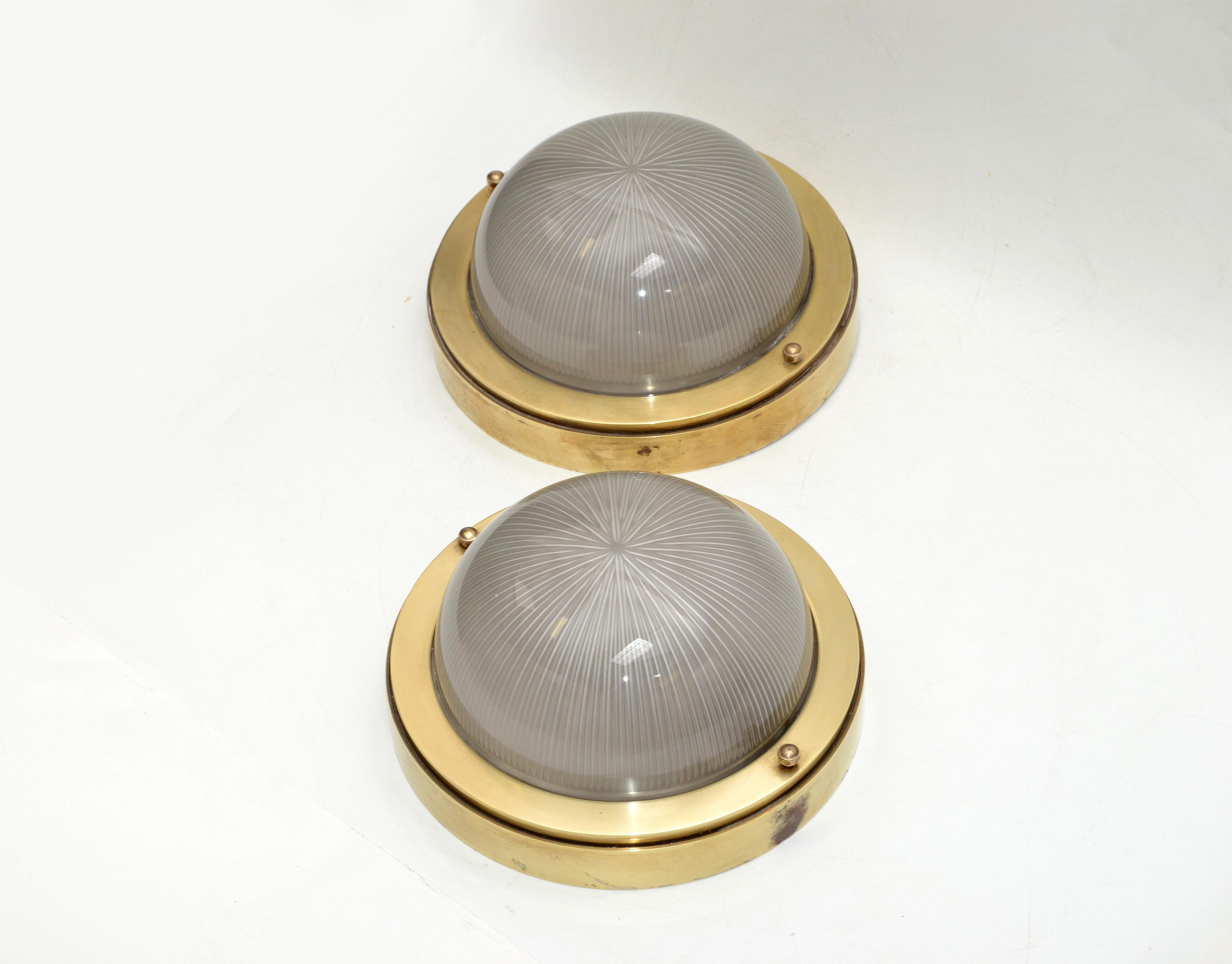 French Mid-Century Modern Holophane Glass Shade & Bronze Sconces Wall Light Pair For Sale 5