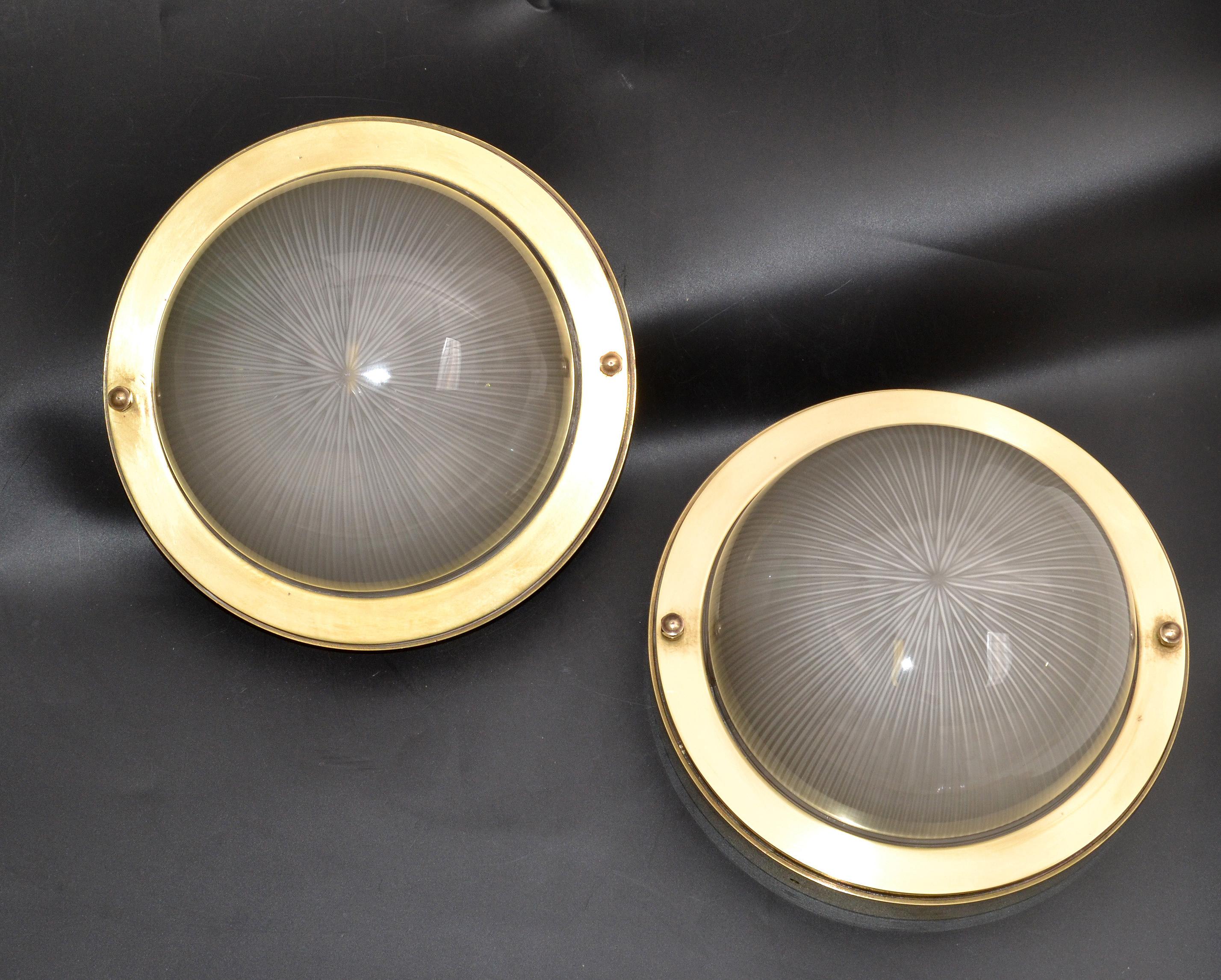 French Mid-Century Modern Holophane Glass Shade & Bronze Sconces Wall Light Pair For Sale 6