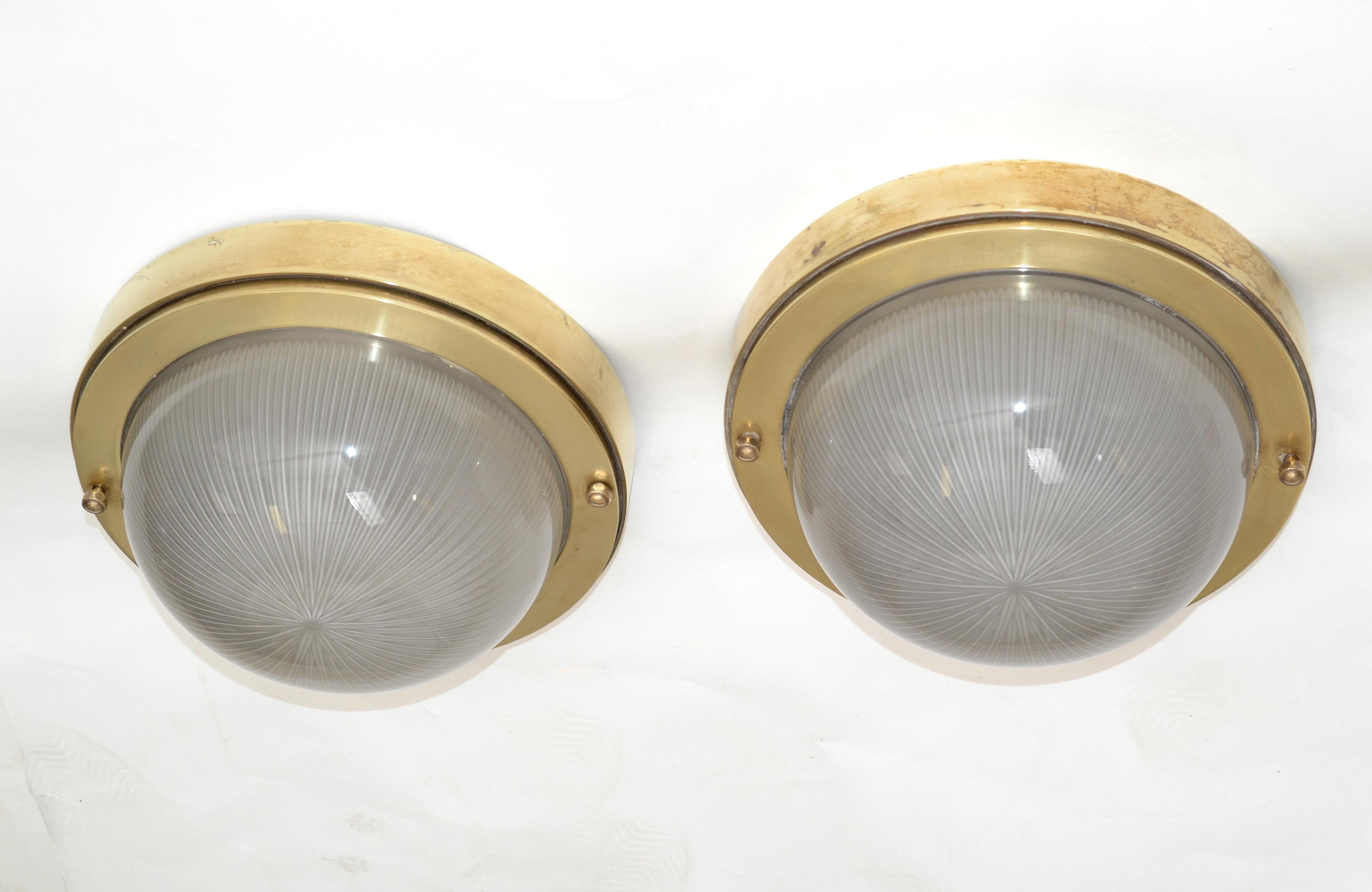 French Mid-Century Modern Holophane Glass Shade & Bronze Sconces Wall Light Pair For Sale 7