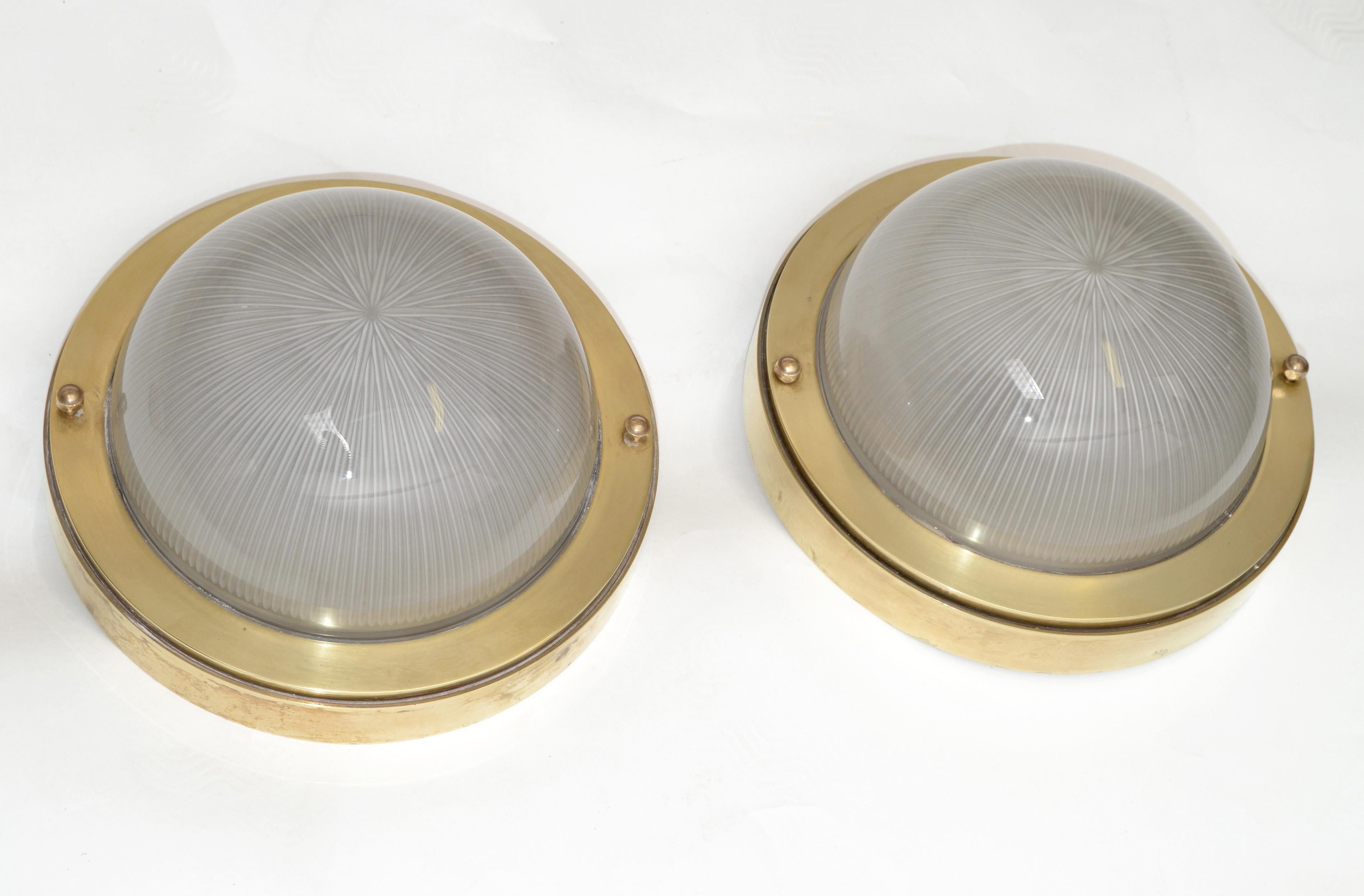 French Mid-Century Modern Holophane Glass Shade & Bronze Sconces Wall Light Pair For Sale 9