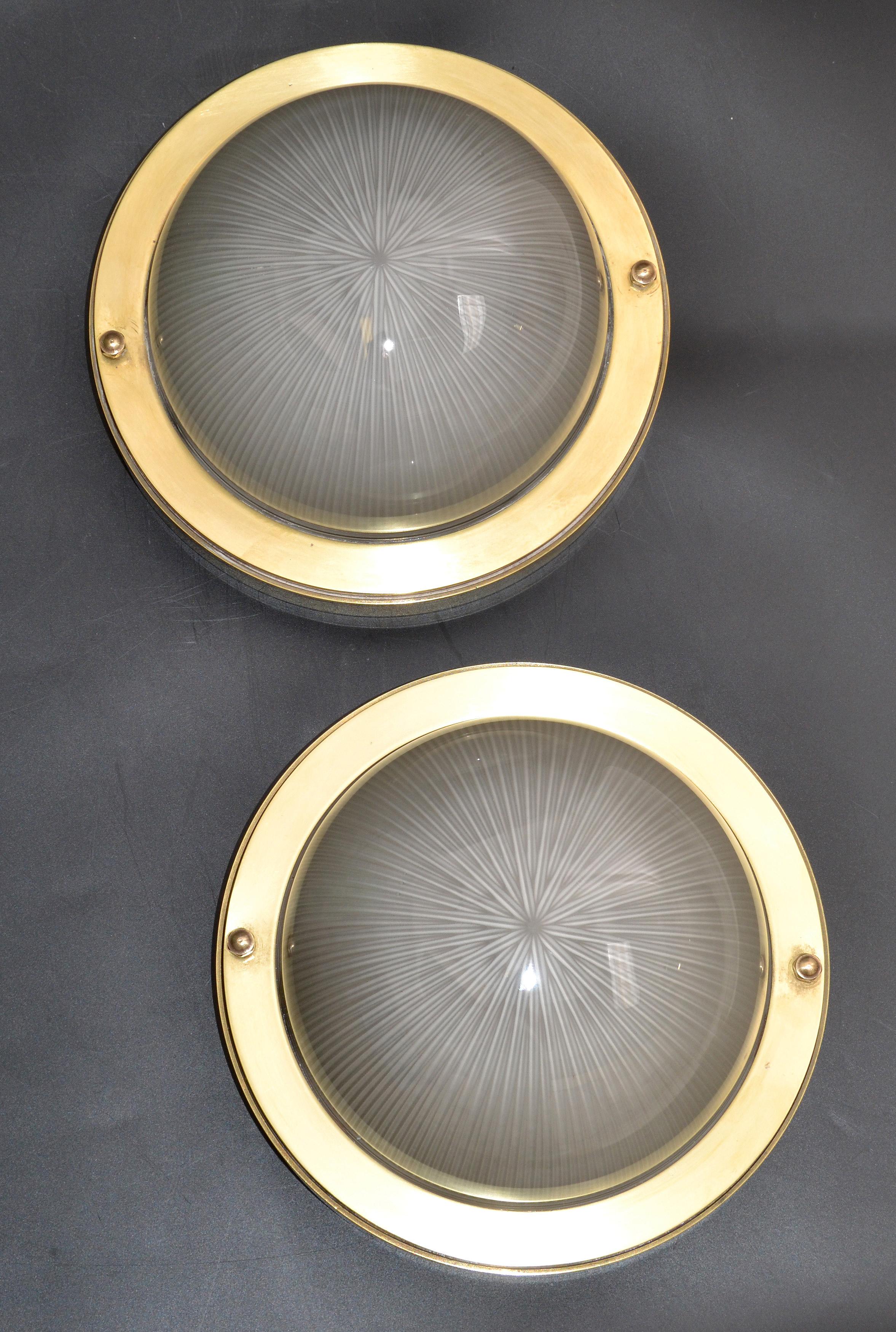 Patinated French Mid-Century Modern Holophane Glass Shade & Bronze Sconces Wall Light Pair For Sale