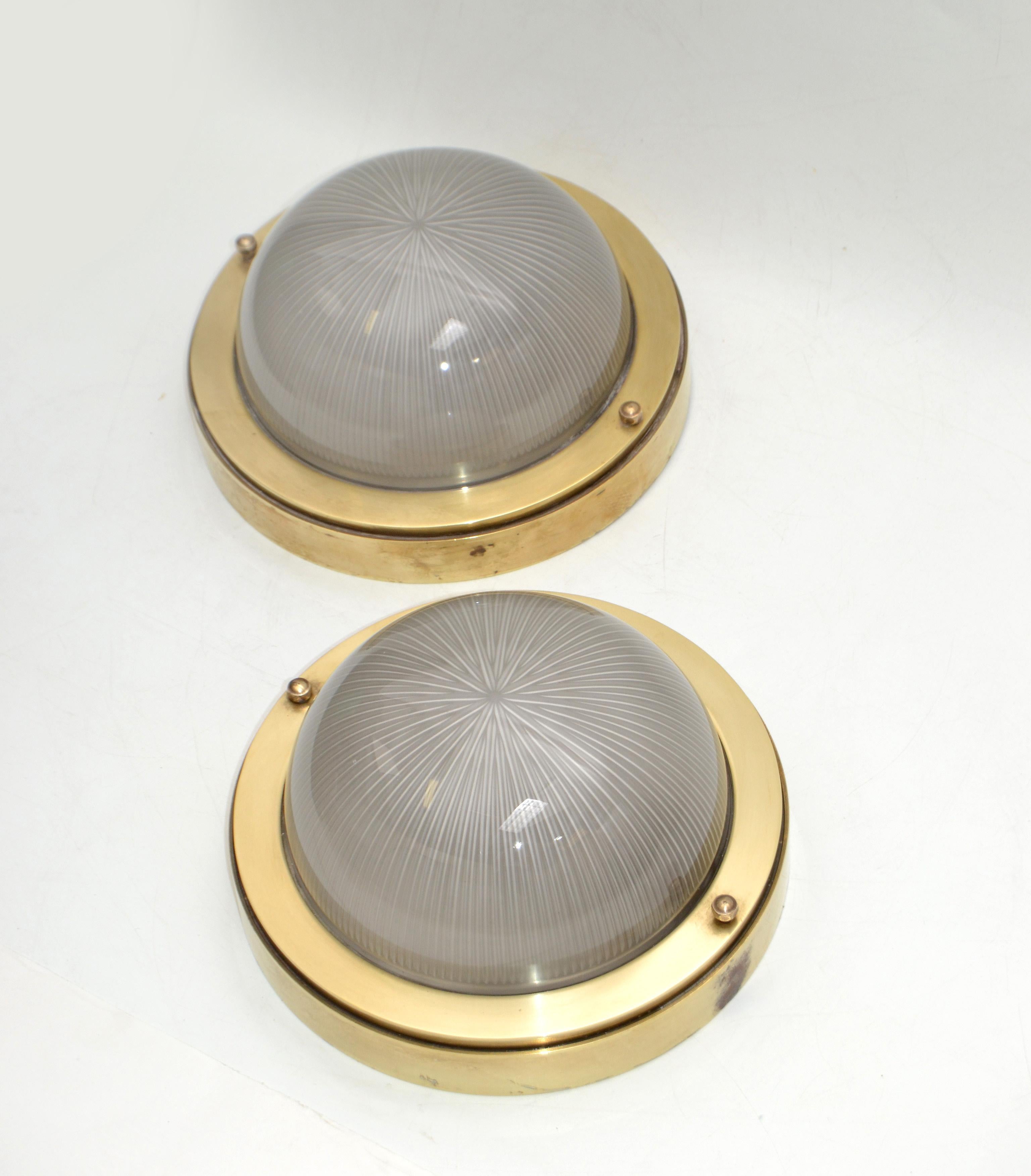 French Mid-Century Modern Holophane Glass Shade & Bronze Sconces Wall Light Pair In Good Condition For Sale In Miami, FL