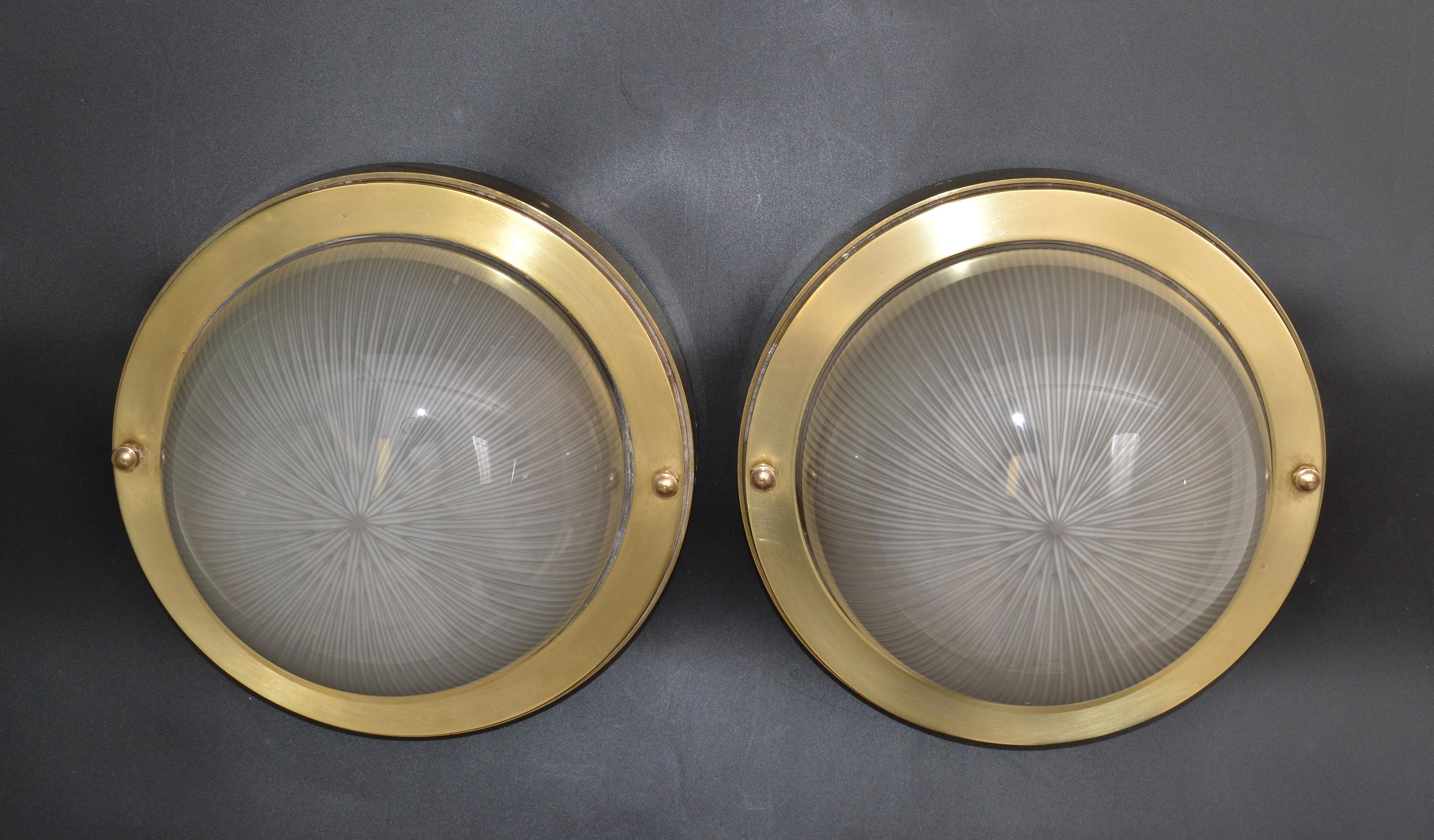 20th Century French Mid-Century Modern Holophane Glass Shade & Bronze Sconces Wall Light Pair For Sale