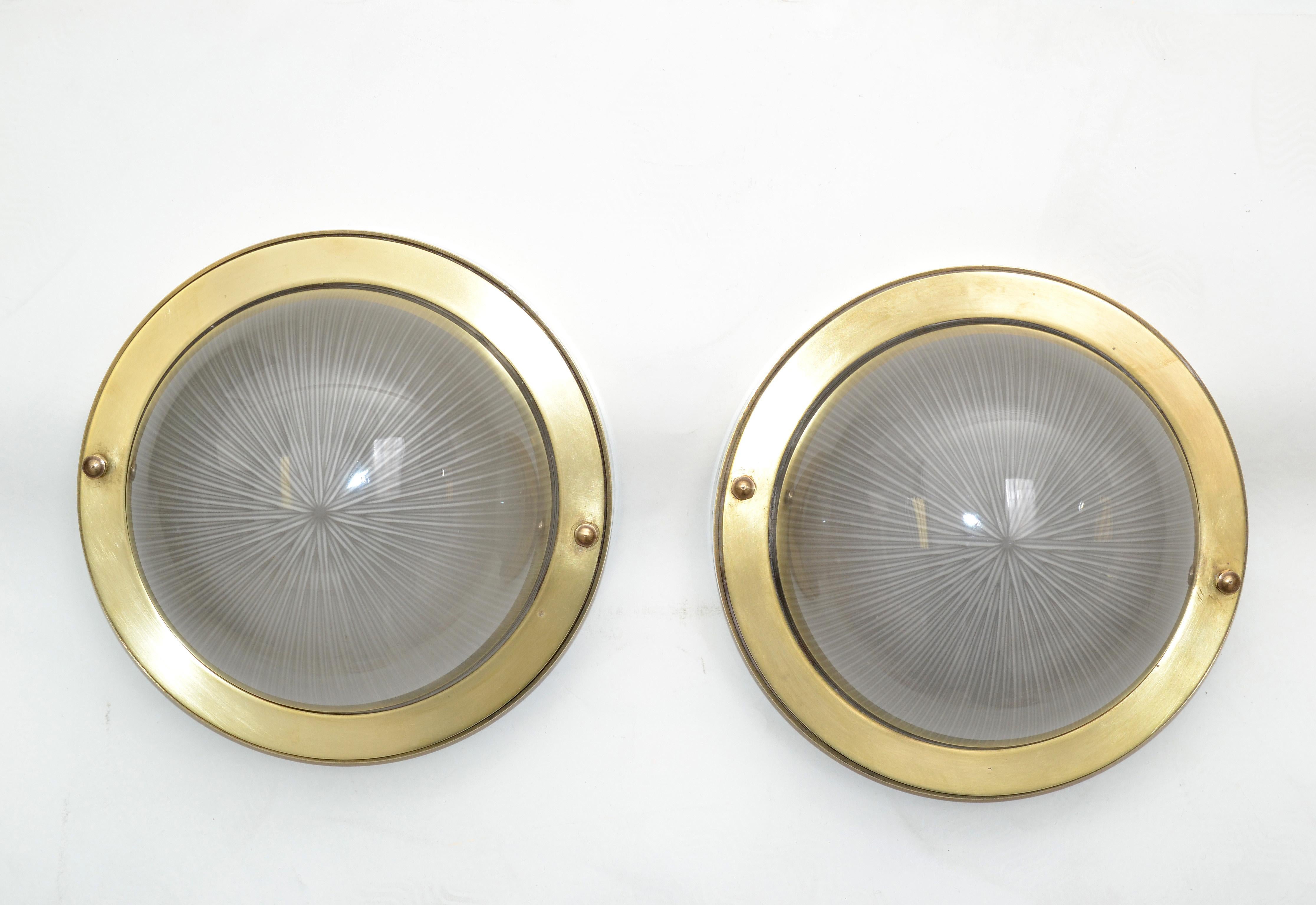 French Mid-Century Modern Holophane Glass Shade & Bronze Sconces Wall Light Pair For Sale 1