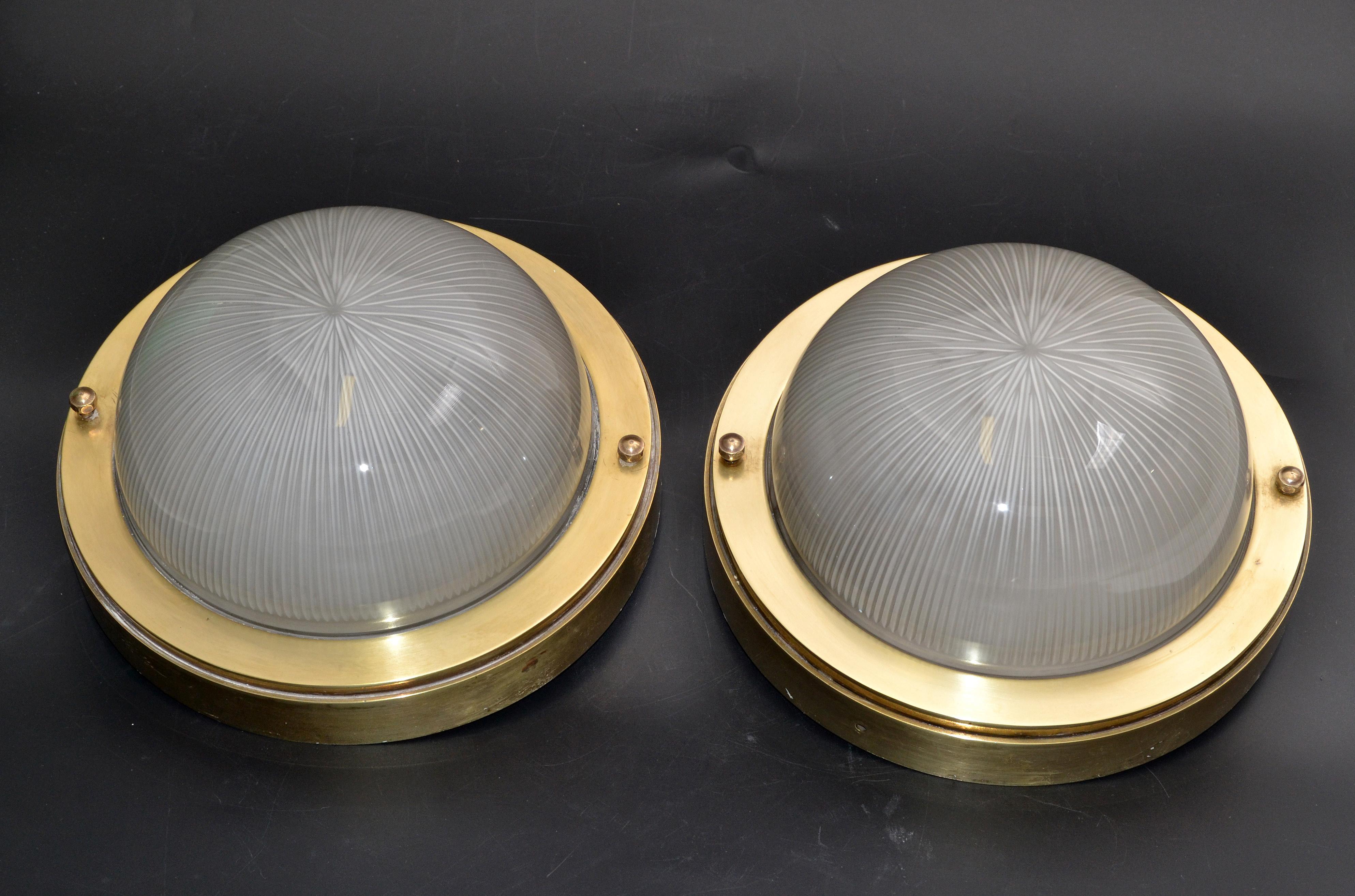 French Mid-Century Modern Holophane Glass Shade & Bronze Sconces Wall Light Pair For Sale 2