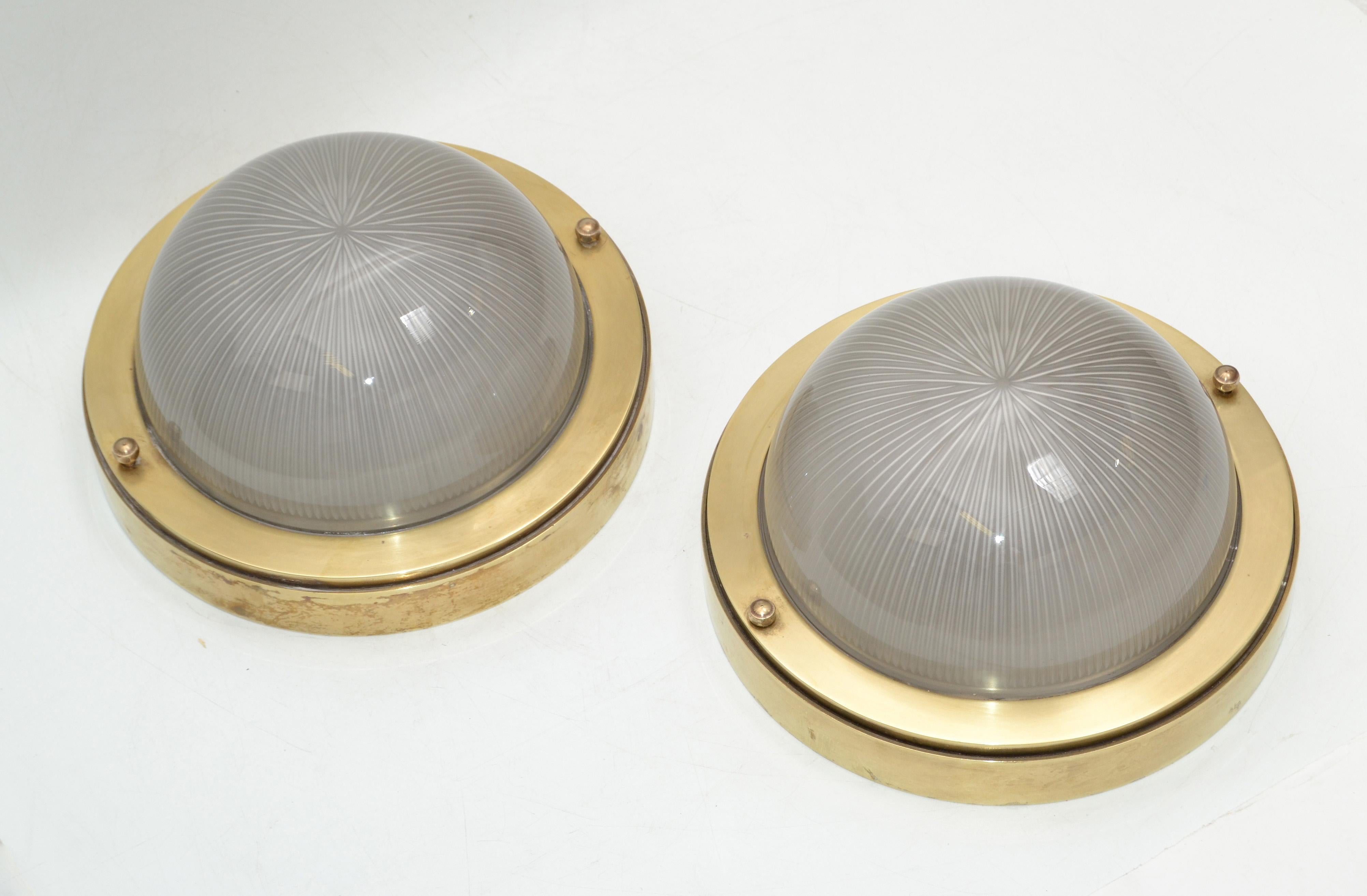 French Mid-Century Modern Holophane Glass Shade & Bronze Sconces Wall Light Pair For Sale 3