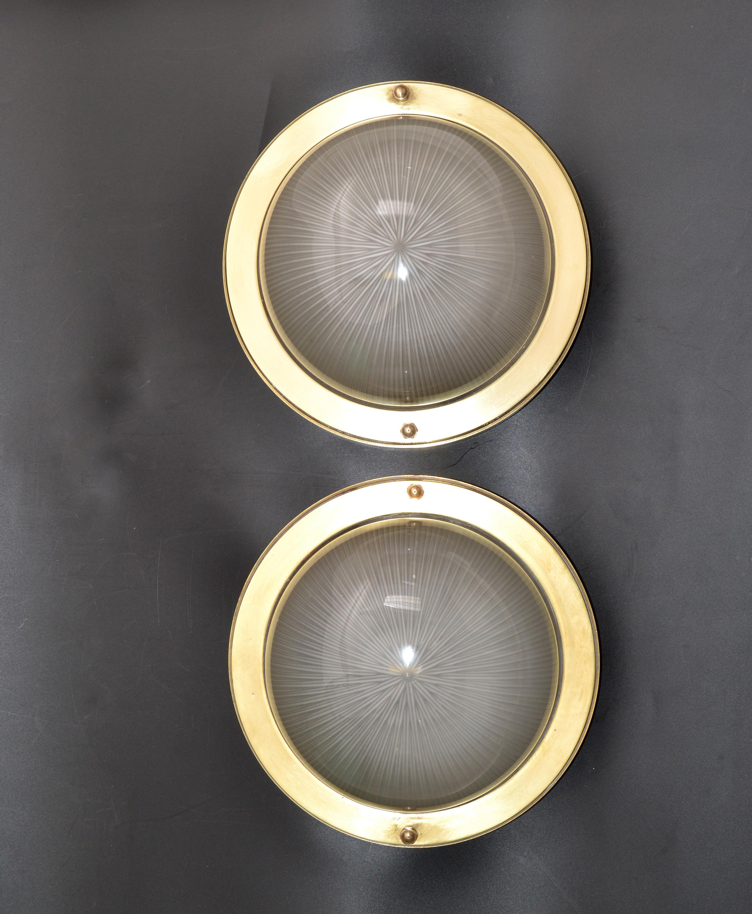 French Mid-Century Modern Holophane Glass Shade & Bronze Sconces Wall Light Pair For Sale 4