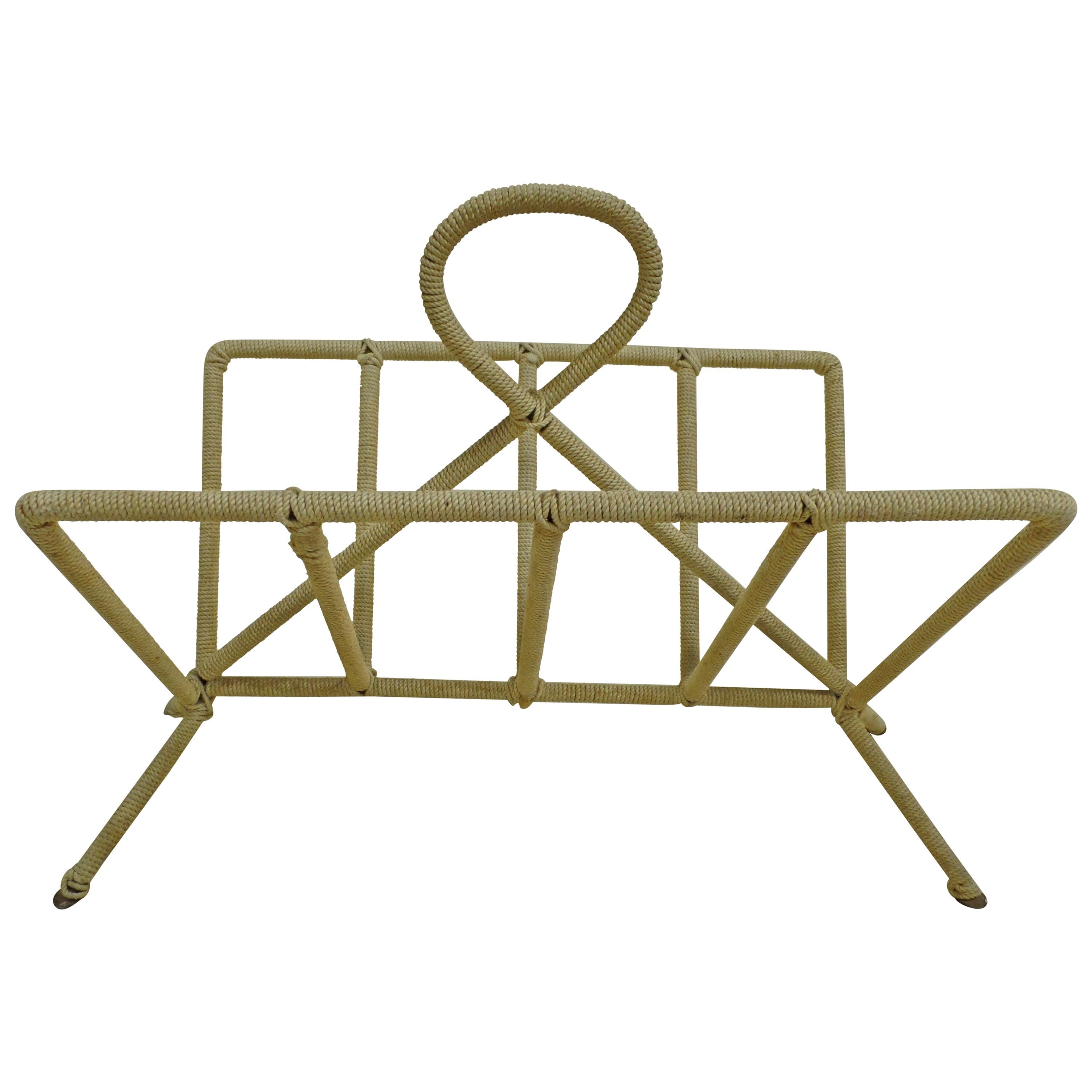 French Midcentury Modern Iron and Woven Rope Magazine Stand