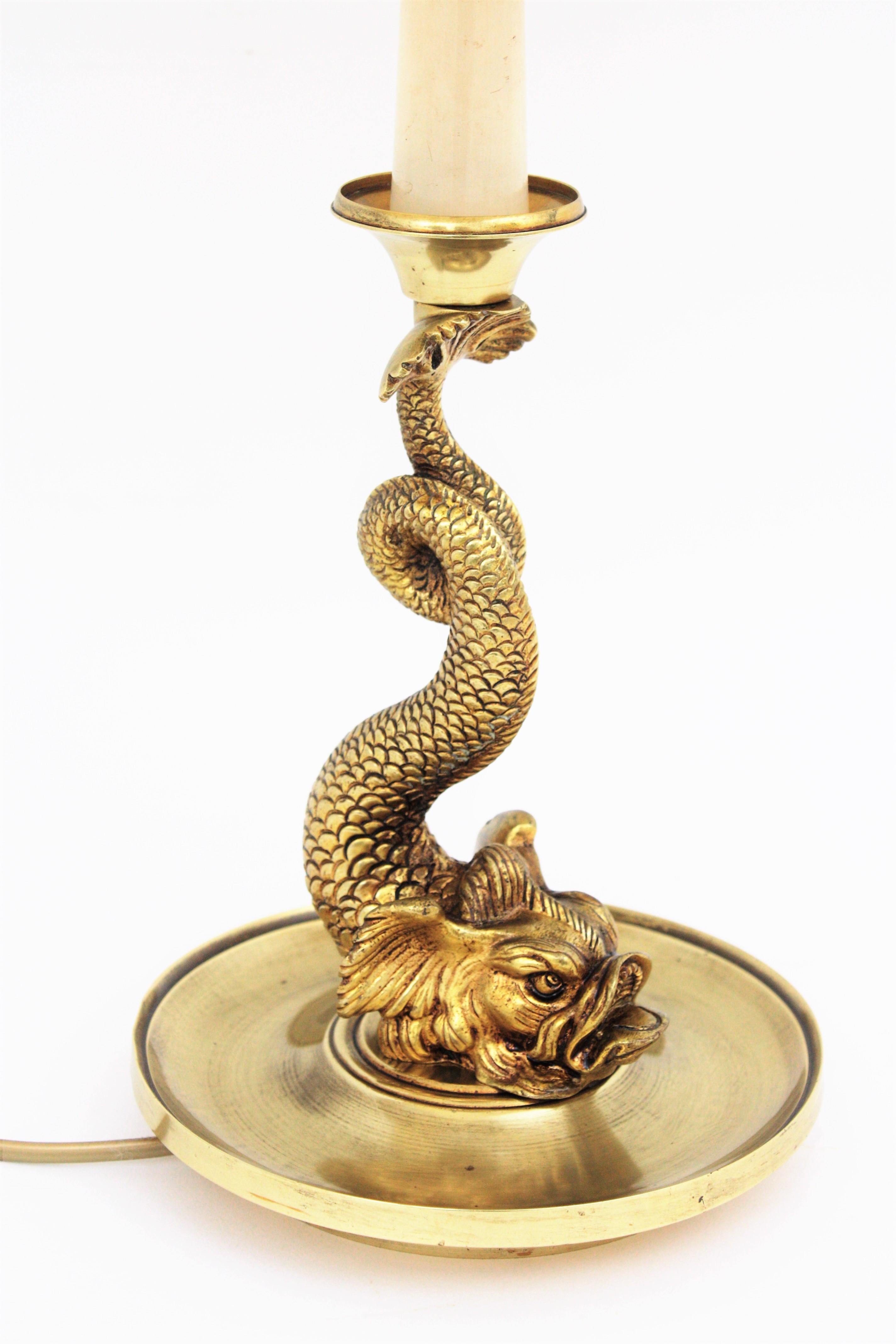 Cast French Mid-Century Modern Koi Fish Brass Table Lamp or Desk Lamp with Shade