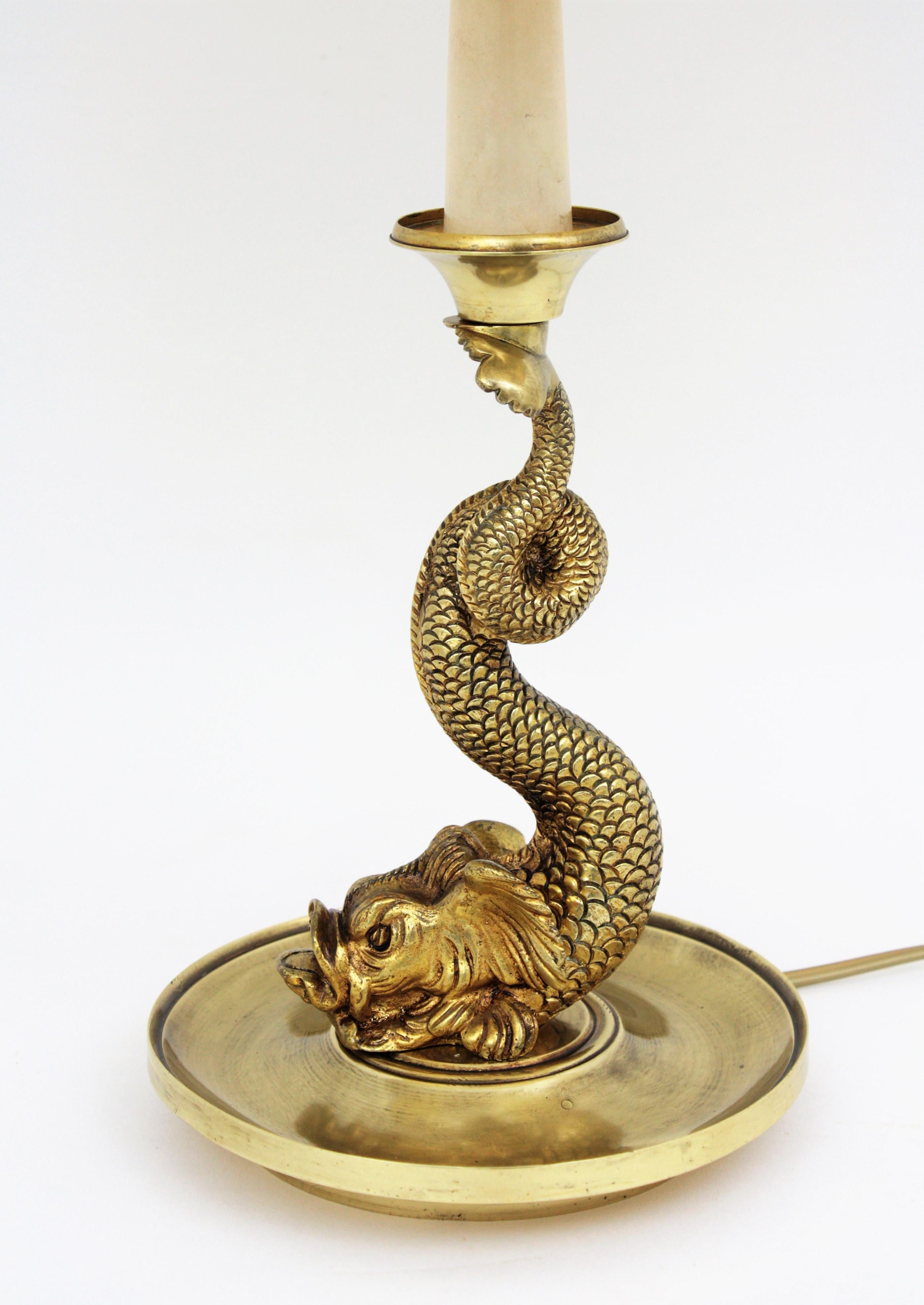 20th Century French Mid-Century Modern Koi Fish Brass Table Lamp or Desk Lamp with Shade