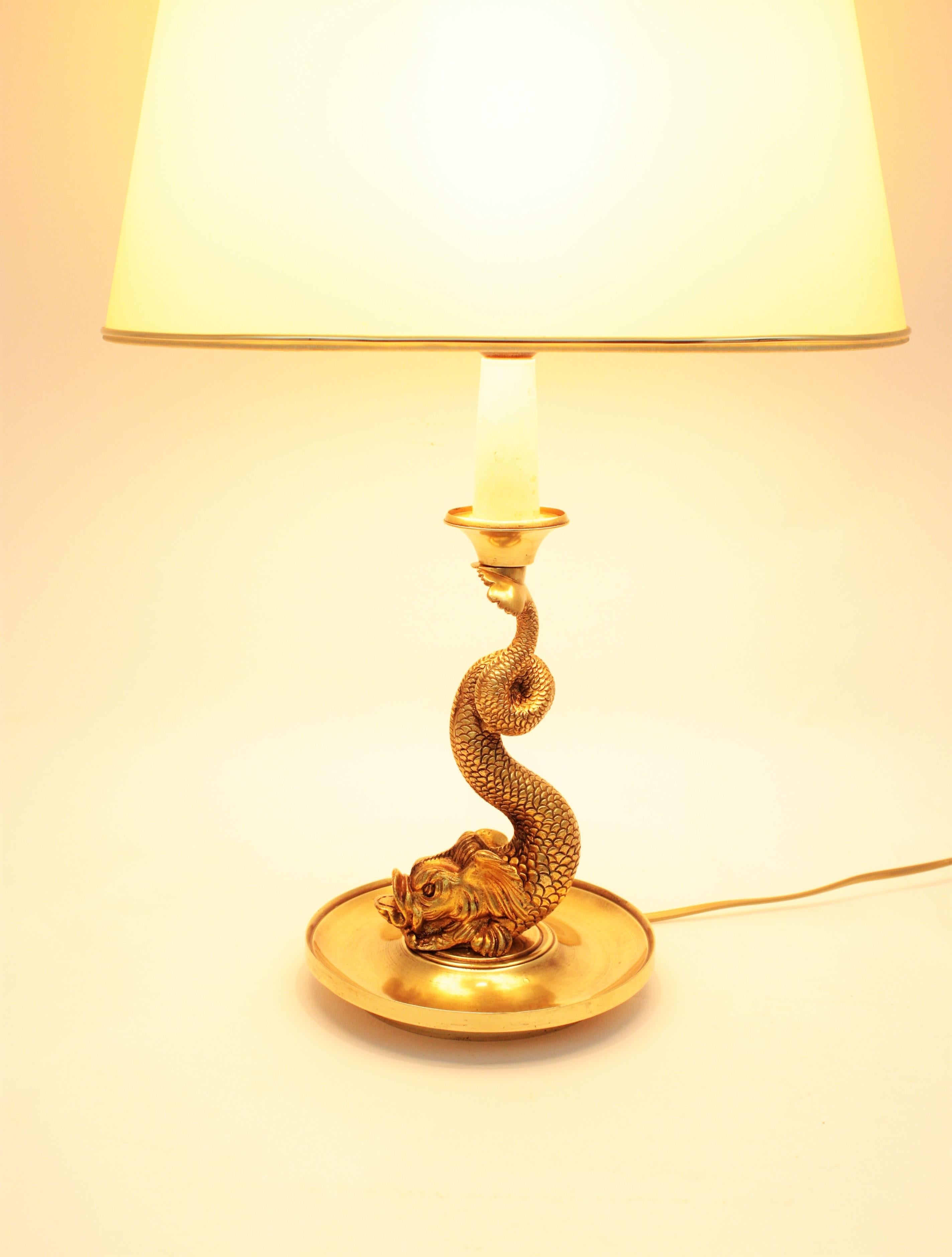 French Mid-Century Modern Koi Fish Brass Table Lamp or Desk Lamp with Shade 1
