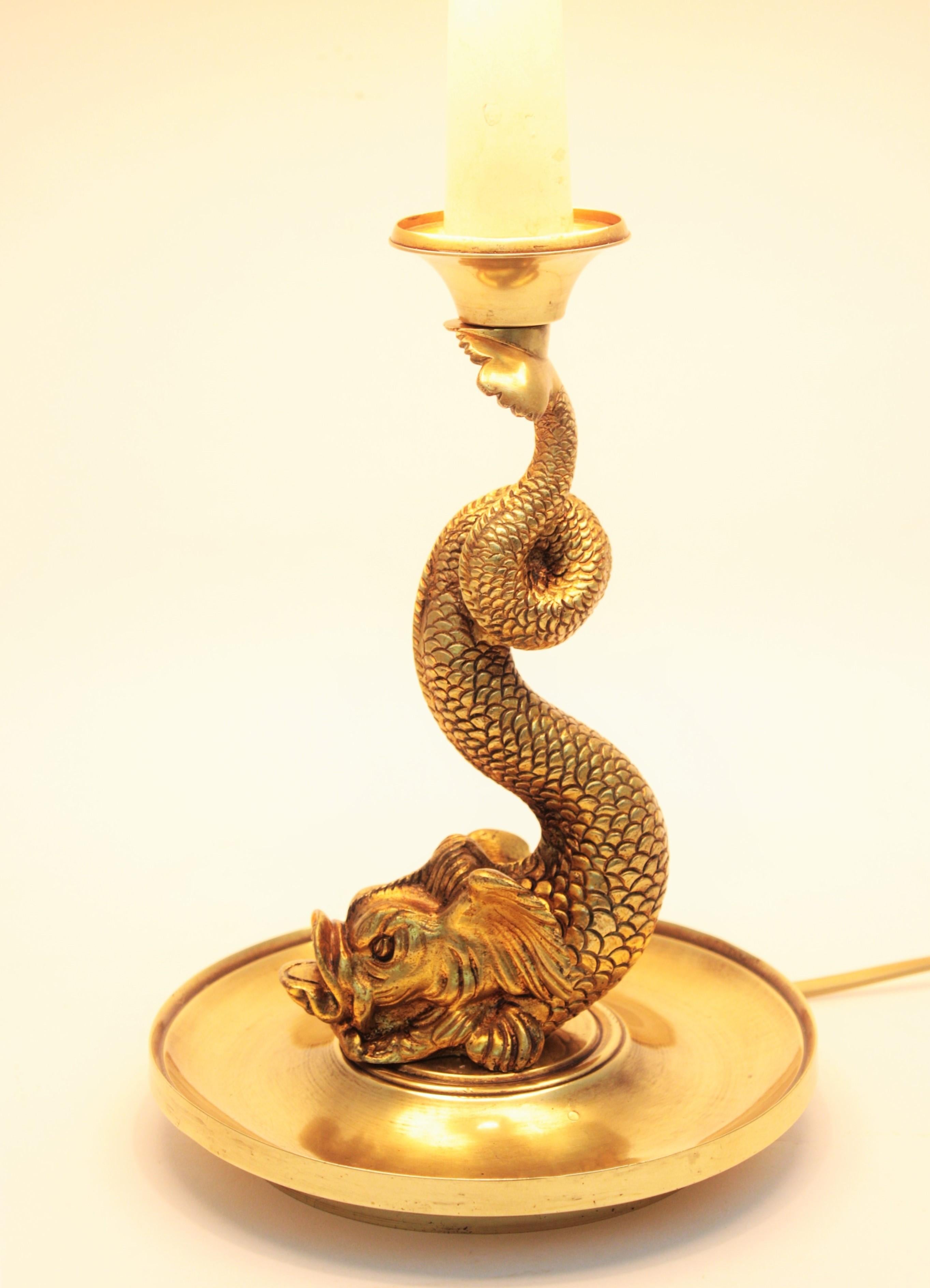 French Mid-Century Modern Koi Fish Brass Table Lamp or Desk Lamp with Shade 2