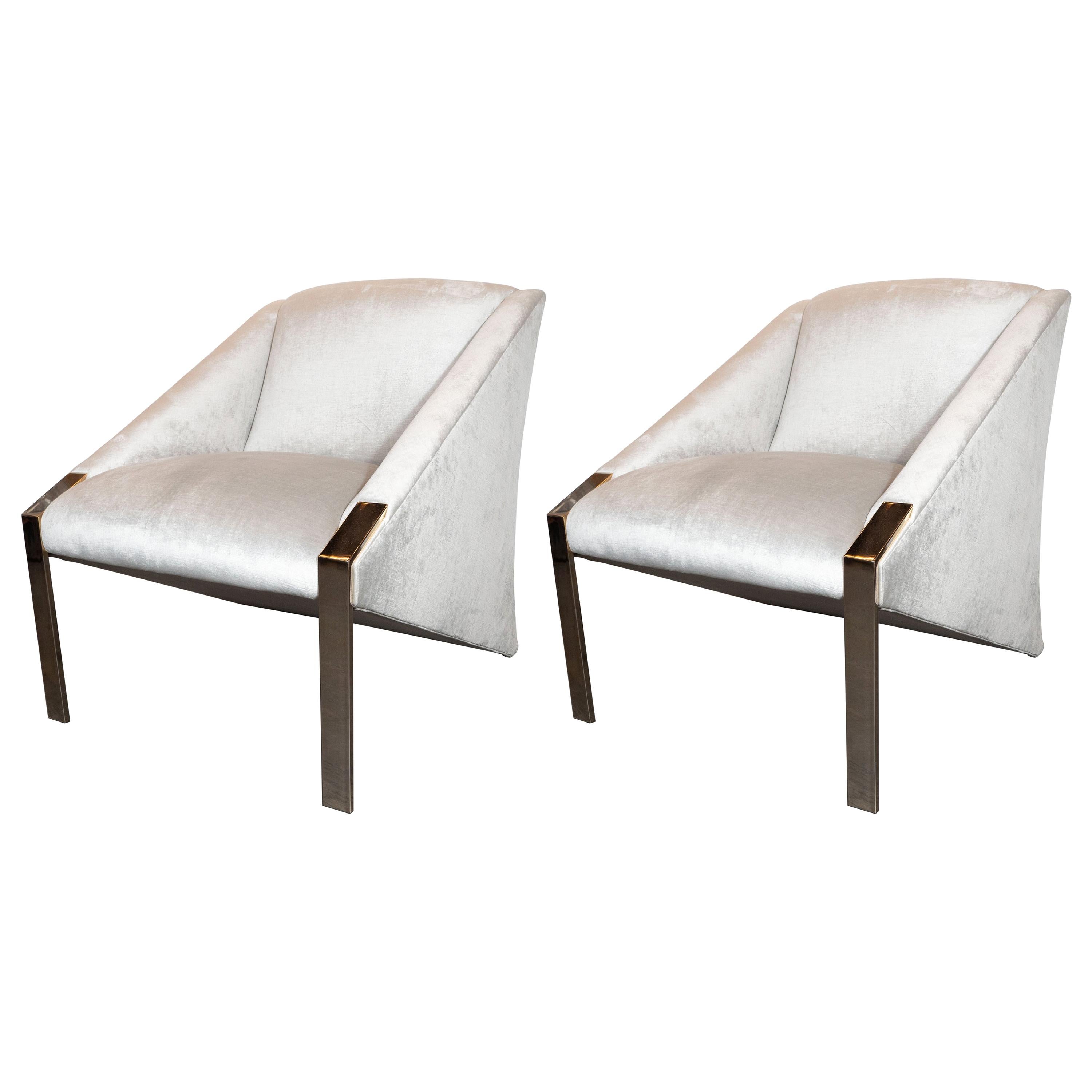 French Mid-Century Modern Lounge Chairs in Platinum Velvet by Andrée Putman