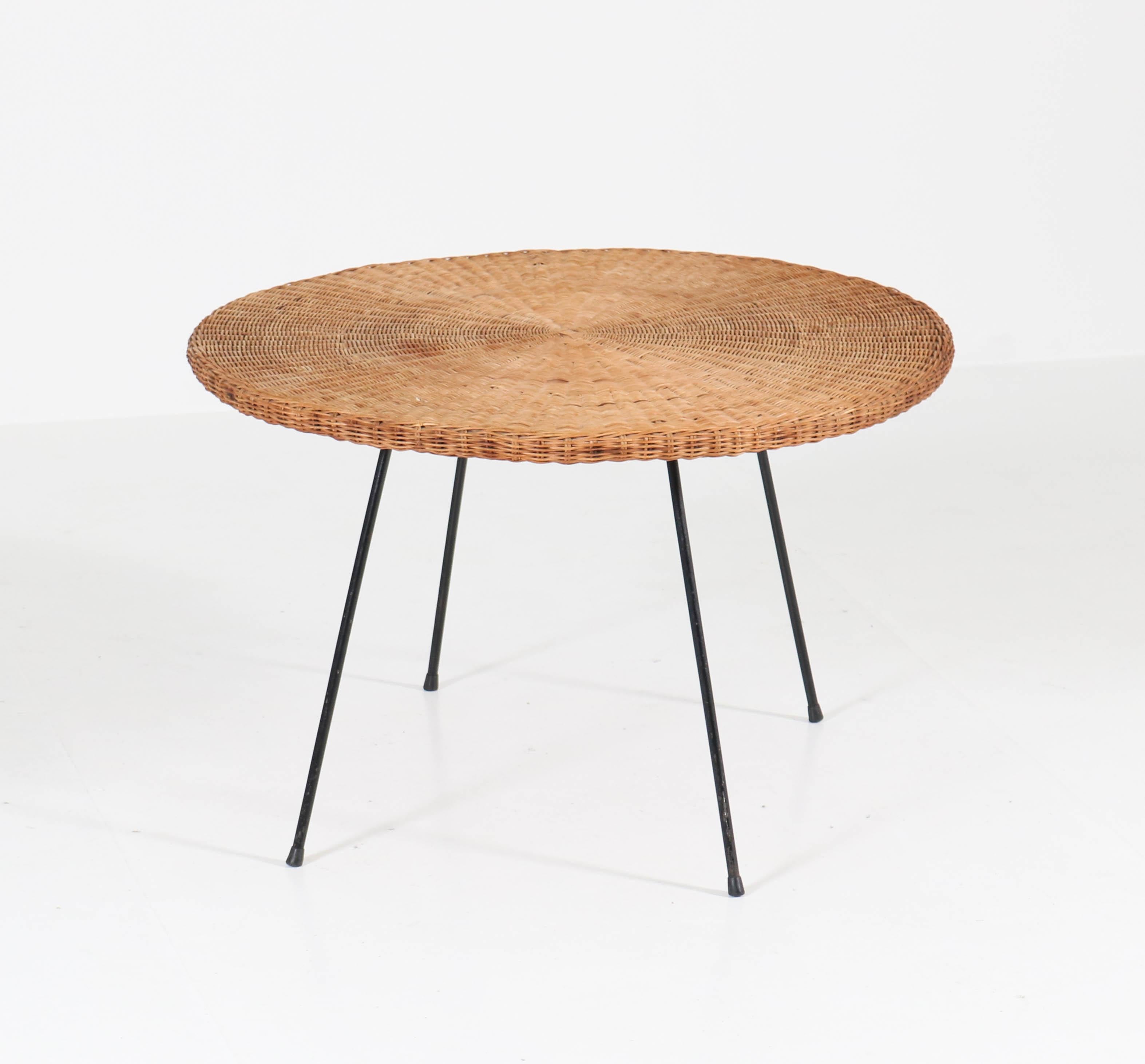 Lacquered French Mid-Century Modern Matégot Style Coffee Table with Wicker Top, 1950s