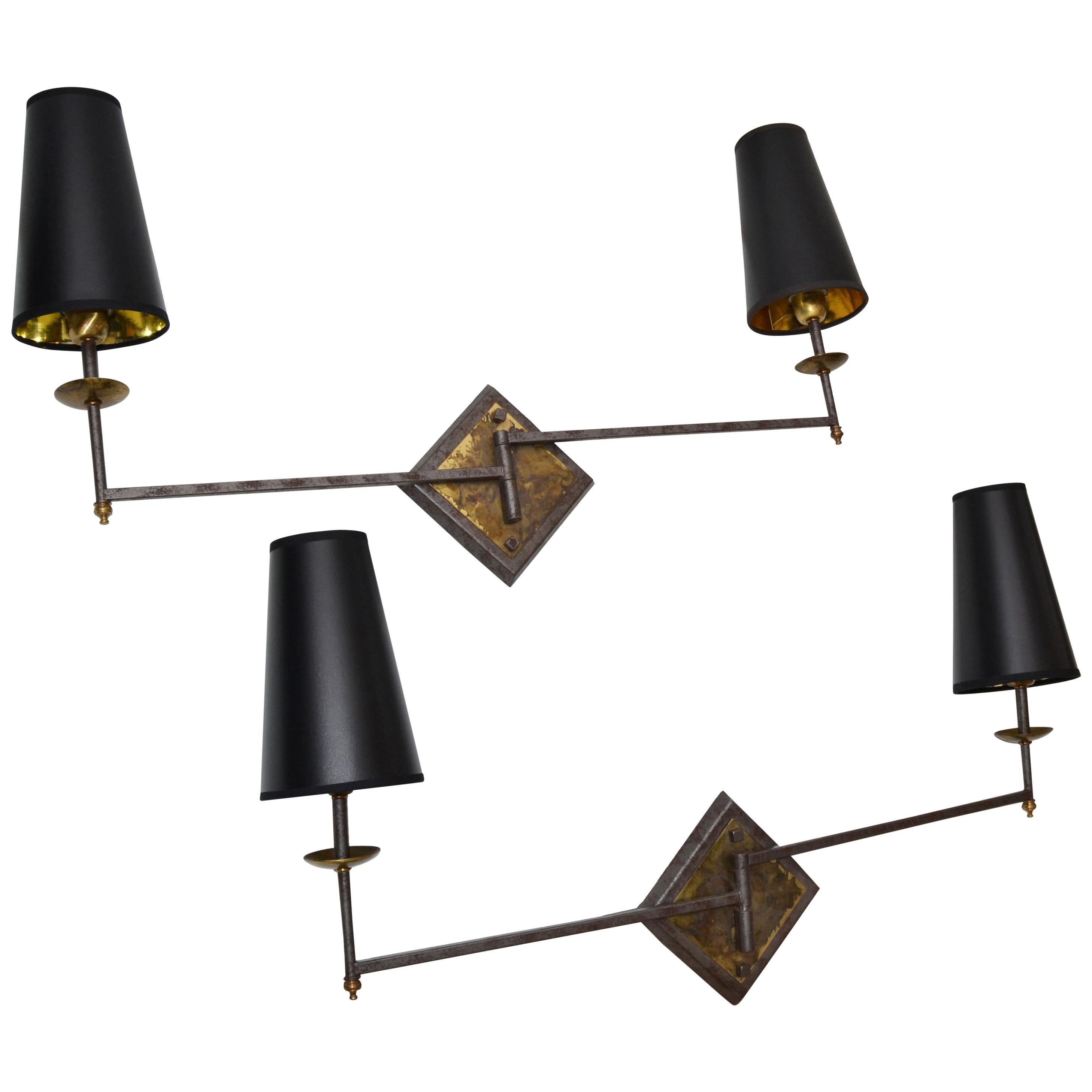 French Mid-Century Modern Metal and Brass Swing Arm Sconces, Wall Lights, Pair For Sale