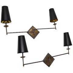 Retro French Mid-Century Modern Metal and Brass Swing Arm Sconces, Wall Lights, Pair