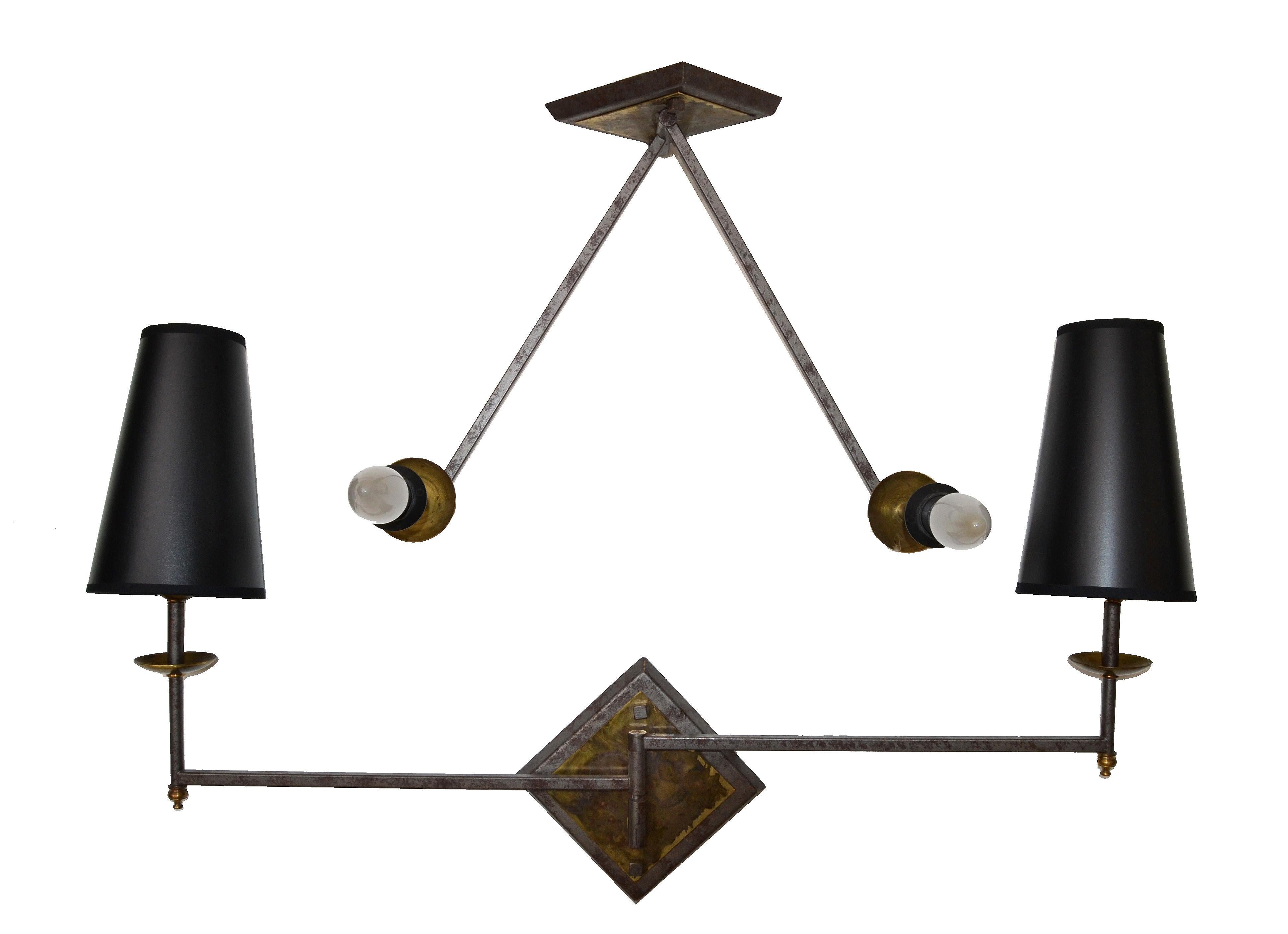French Mid-Century Modern Metal and Brass Swing Arm Sconces, Wall Lights, Pair In Good Condition For Sale In Miami, FL