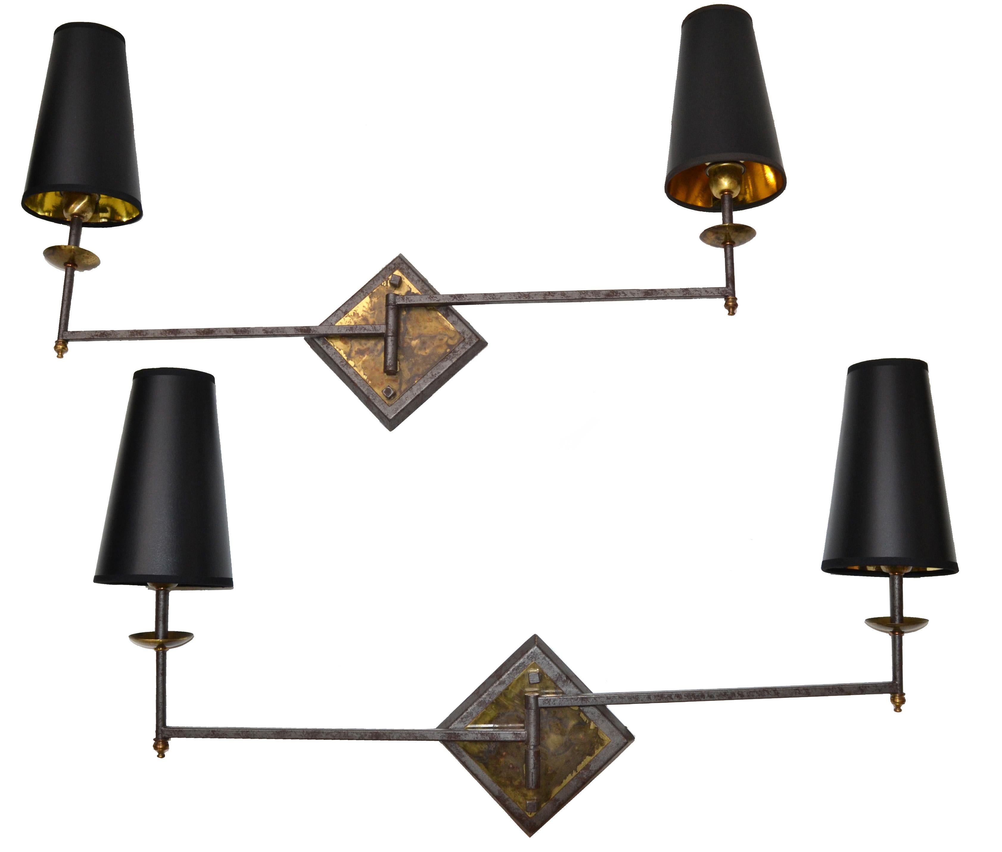 Mid-20th Century French Mid-Century Modern Metal and Brass Swing Arm Sconces, Wall Lights, Pair For Sale