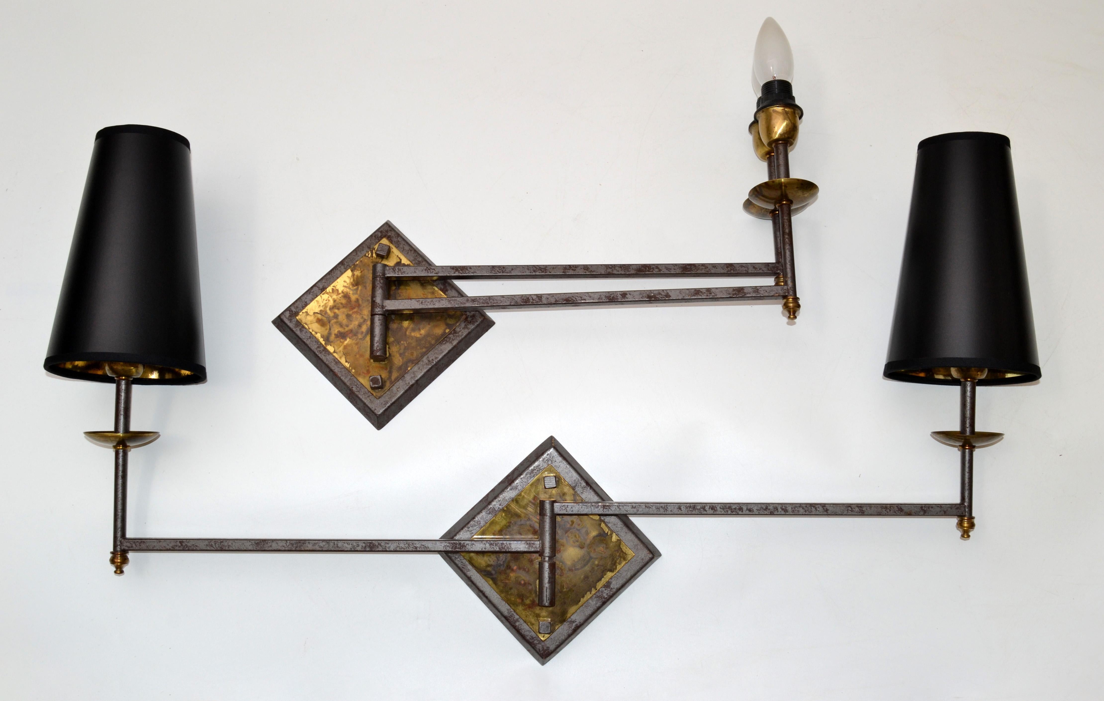 French Mid-Century Modern Metal and Brass Swing Arm Sconces, Wall Lights, Pair For Sale 1