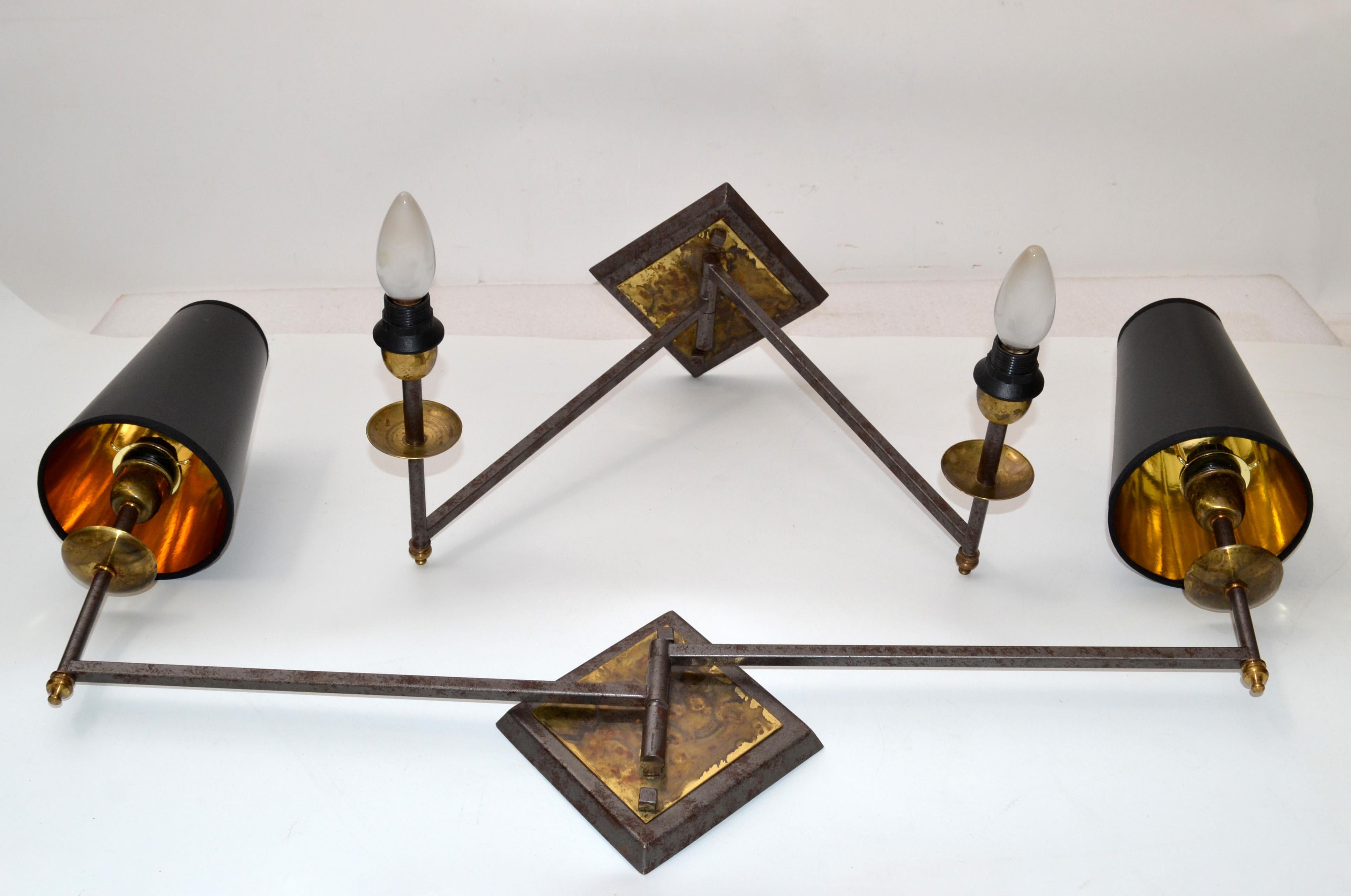 French Mid-Century Modern Metal and Brass Swing Arm Sconces, Wall Lights, Pair For Sale 2