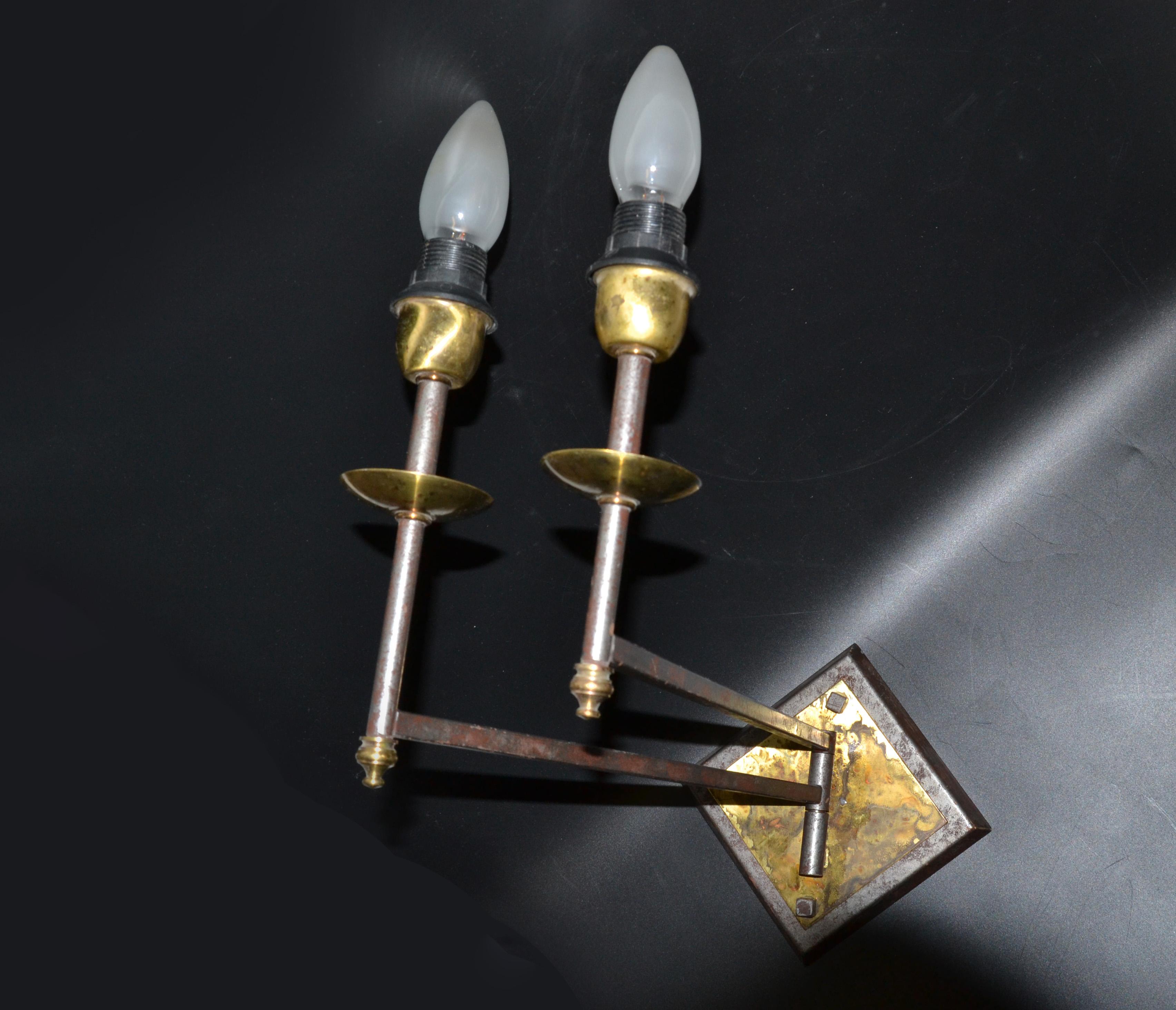French Mid-Century Modern Metal and Brass Swing Arm Sconces, Wall Lights, Pair For Sale 3
