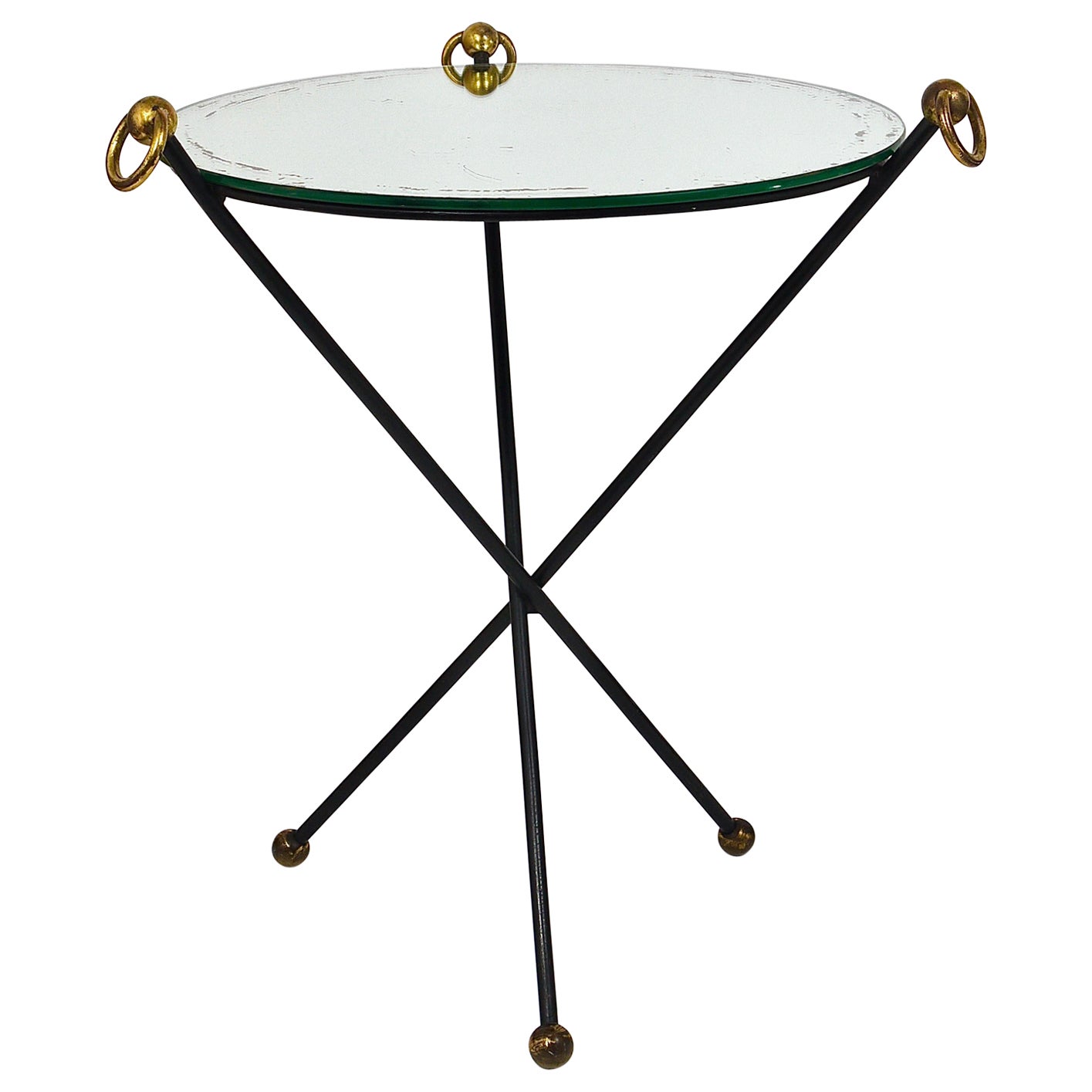 Mesa auxiliar francesa con espejo, estilo Jacques Adnet, latón, años 50