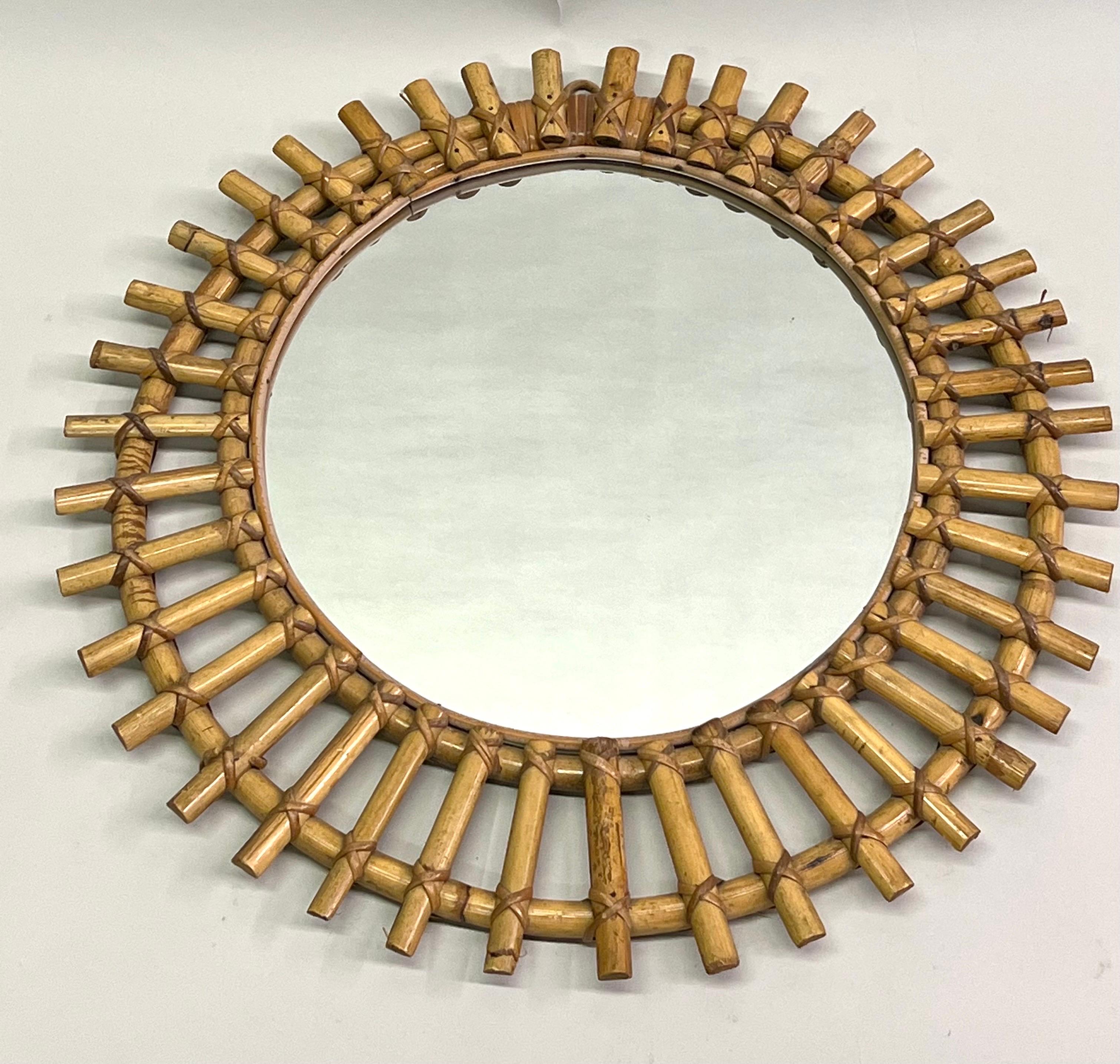 Hand-Crafted French Mid-Century Modern Neoclassical Bamboo and Rattan Sunburst Mirror, Arbus For Sale