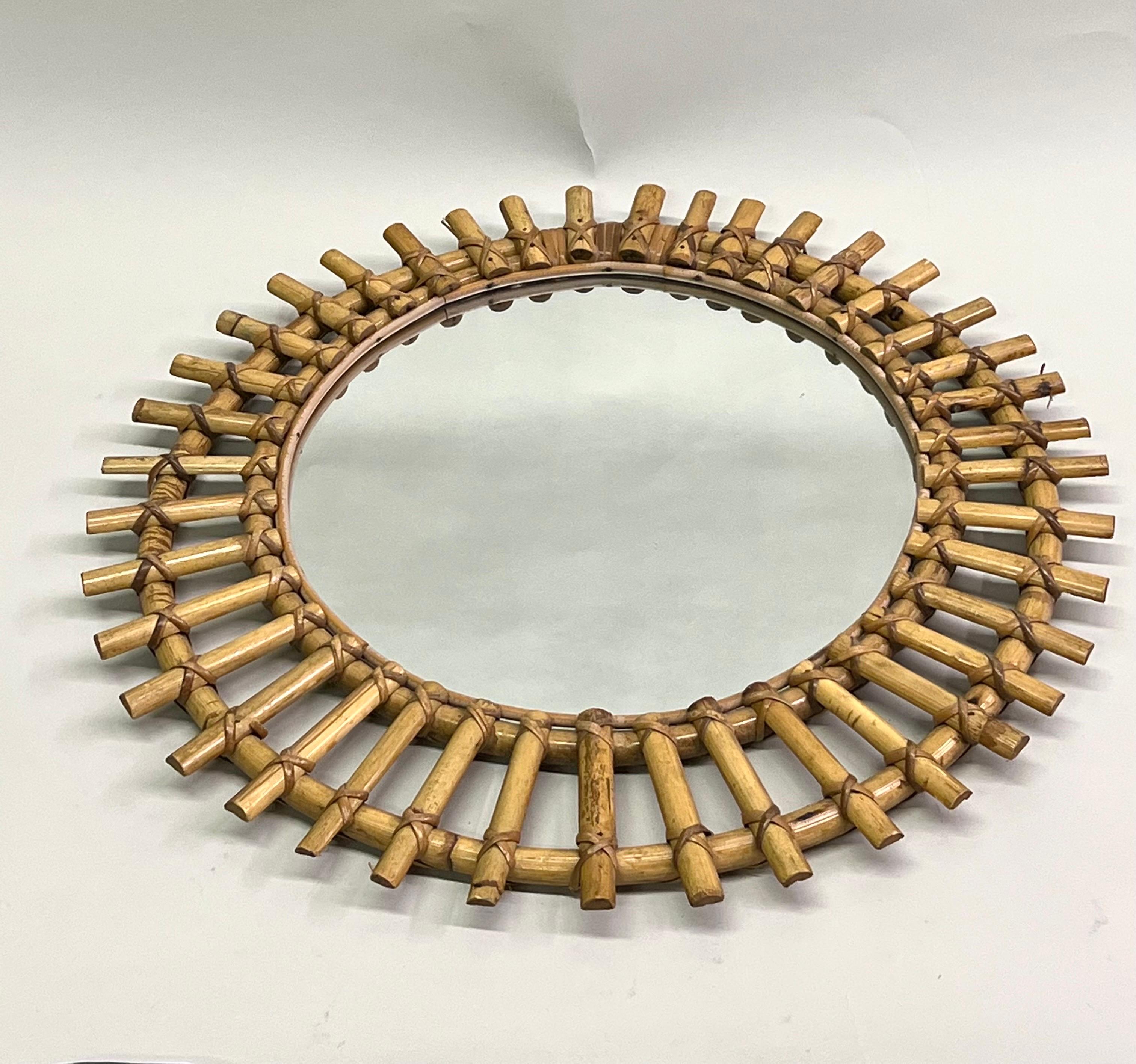 French Mid-Century Modern Neoclassical Bamboo and Rattan Sunburst Mirror, Arbus In Good Condition For Sale In New York, NY