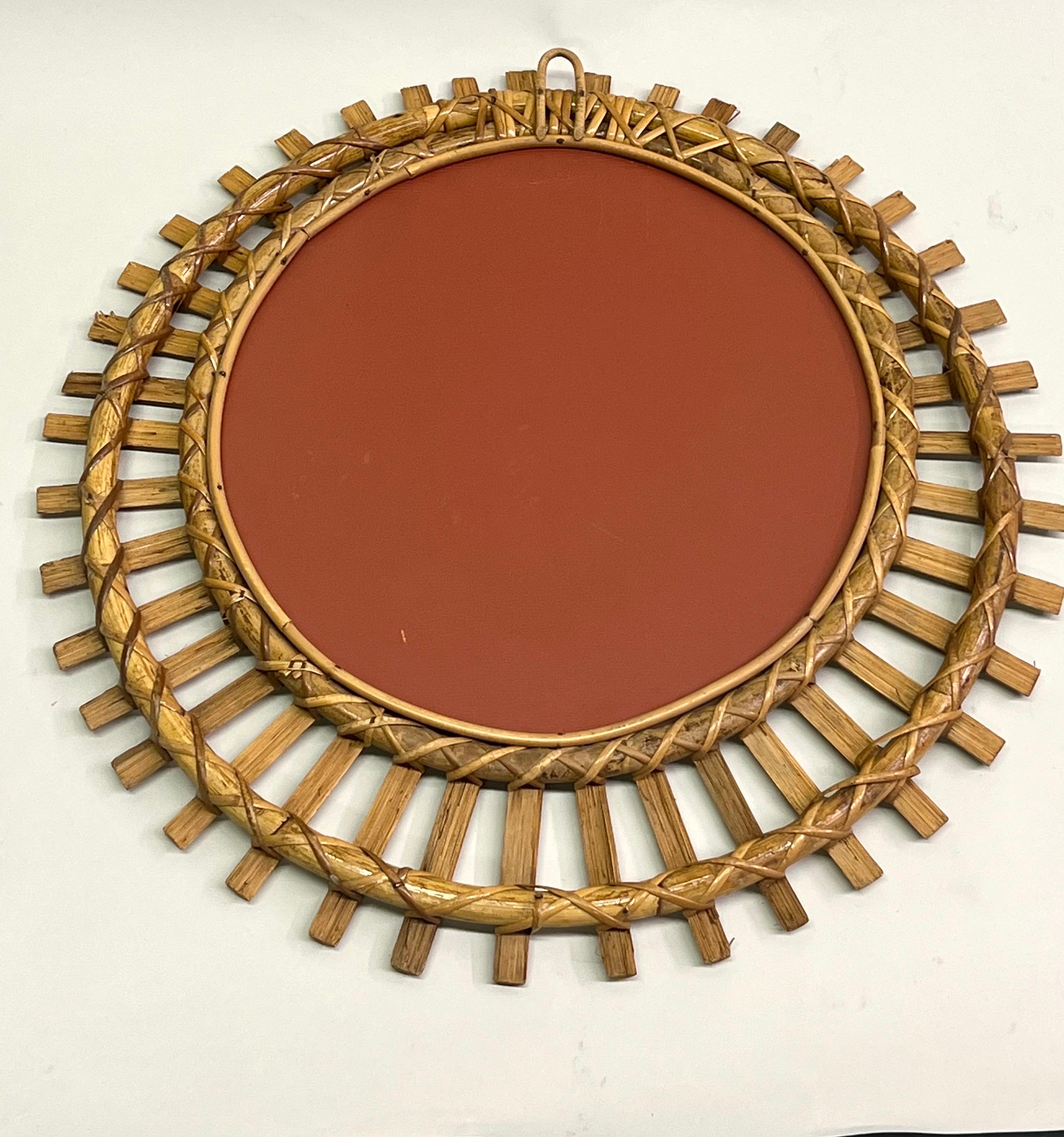 20th Century French Mid-Century Modern Neoclassical Bamboo and Rattan Sunburst Mirror, Arbus For Sale