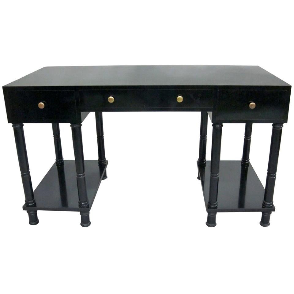 French Mid-Century Modern Neoclassical Black Lacquer Desk by Maison Jansen For Sale