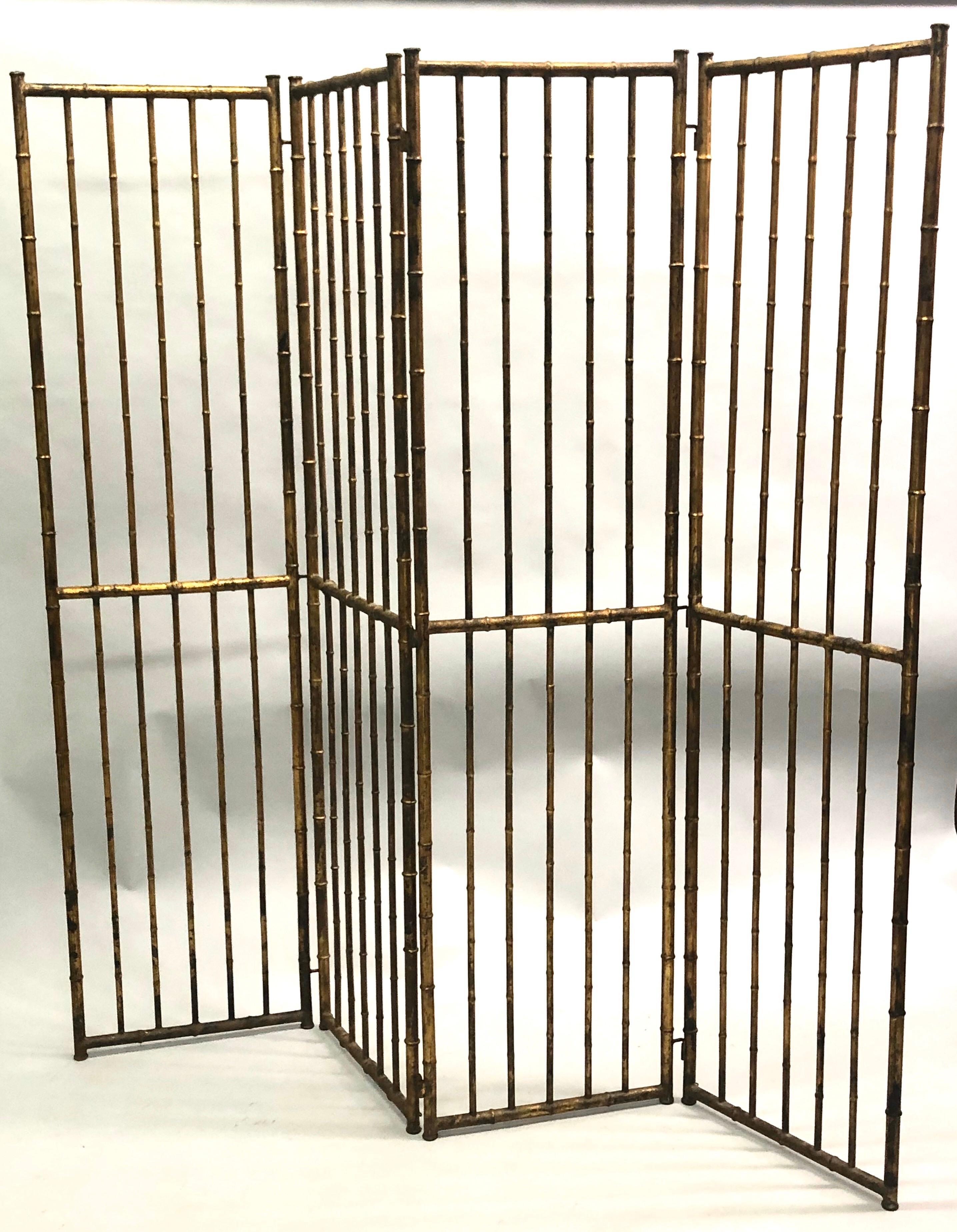 20th Century French Mid-Century Modern Neoclassical Faux Bamboo Gilt Iron Screen by Bagues For Sale