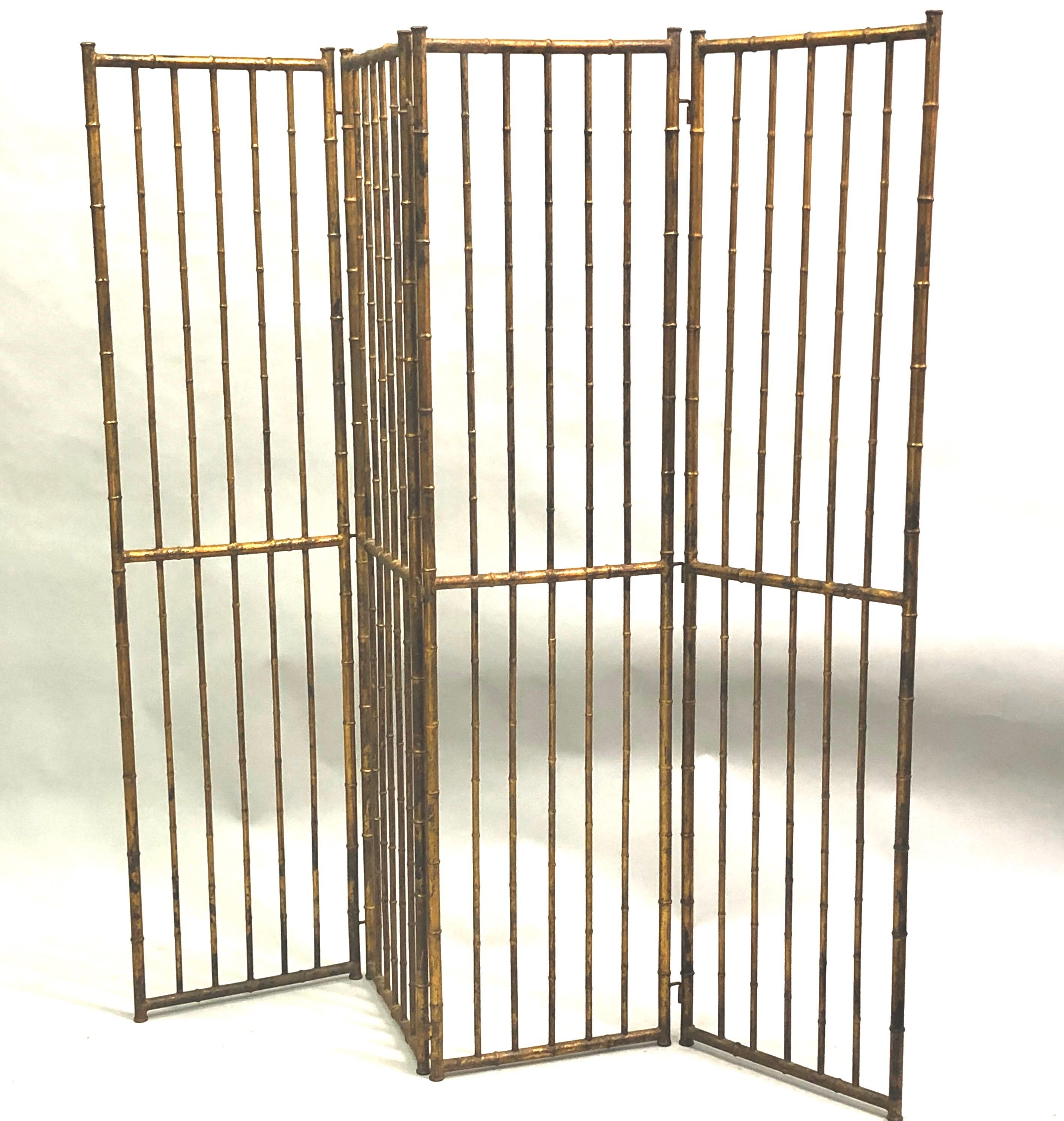 Wrought Iron French Mid-Century Modern Neoclassical Faux Bamboo Gilt Iron Screen by Bagues For Sale