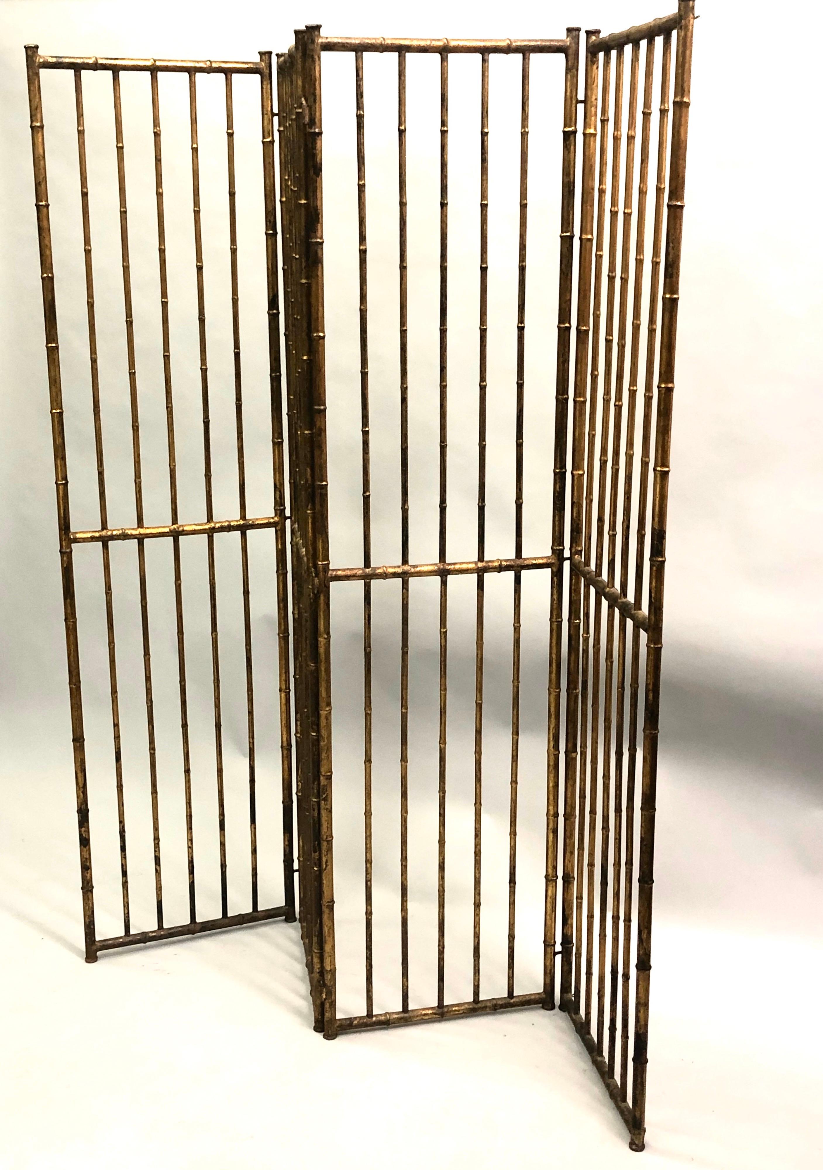 French Mid-Century Modern Neoclassical Faux Bamboo Gilt Iron Screen by Bagues For Sale 2