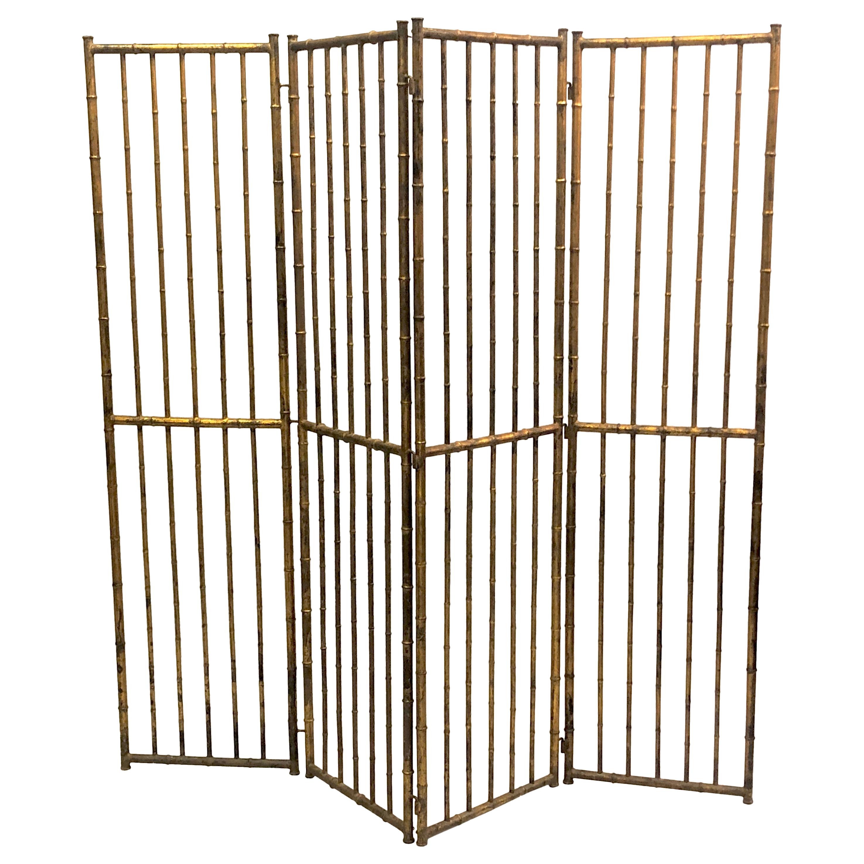 French Mid-Century Modern Neoclassical Faux Bamboo Gilt Iron Screen by Bagues