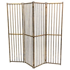 Vintage French Mid-Century Modern Neoclassical Faux Bamboo Gilt Iron Screen by Bagues