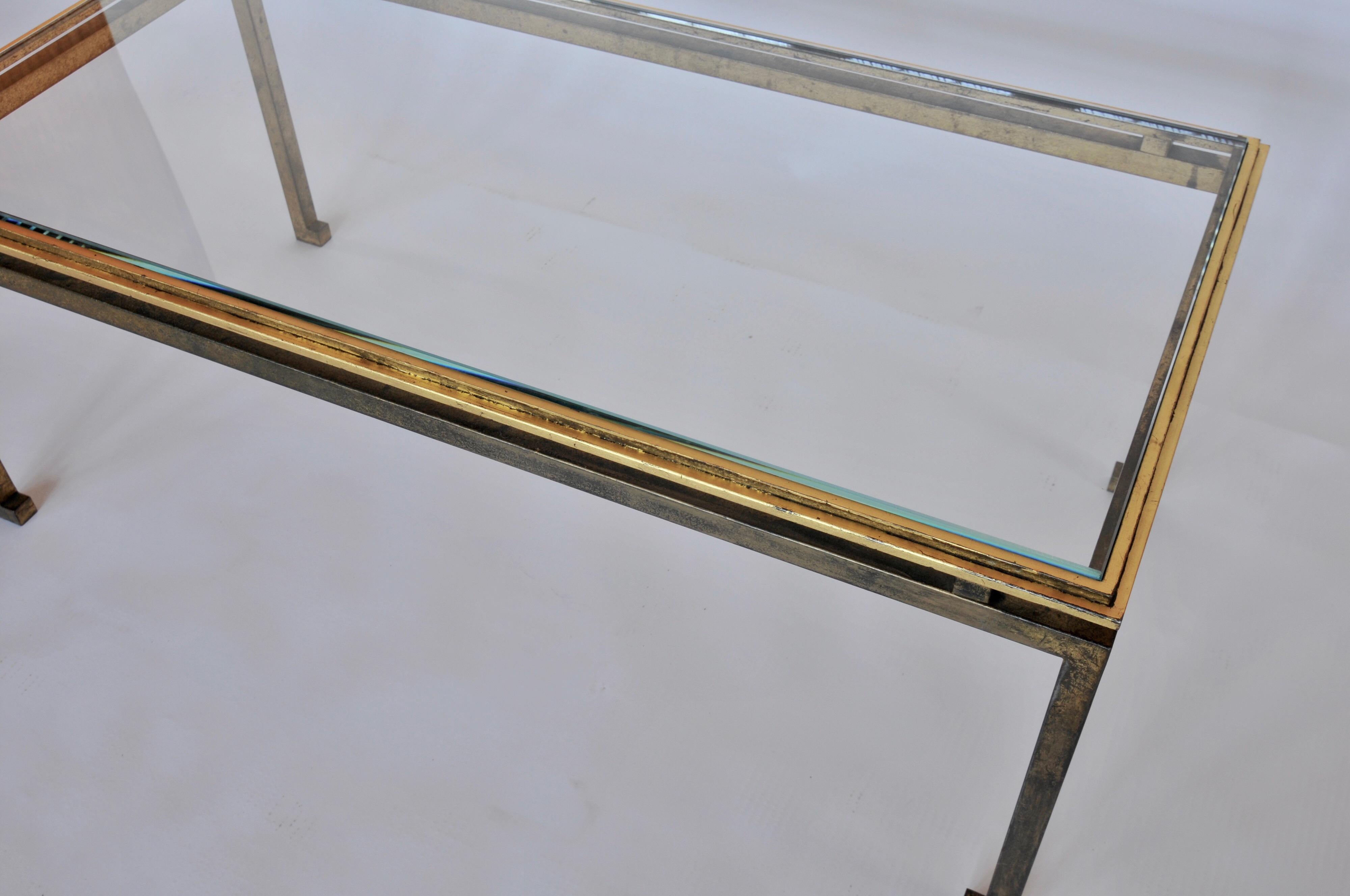 Glass French Mid-Century Modern Neoclassical, Gilt Iron Coffee Table by Maison Ramsay For Sale