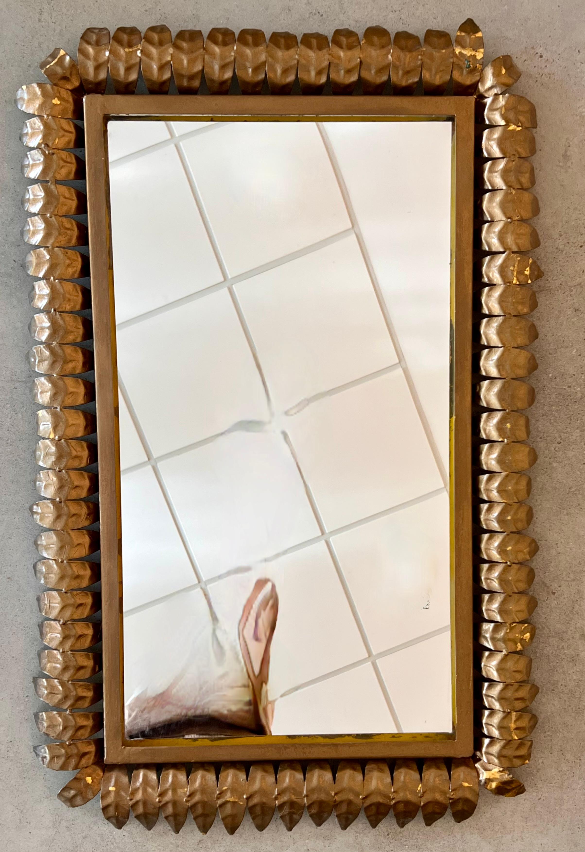 French Mid-Century Modern Neoclassical Gilt Iron Rectangular Sunburst Mirror In Good Condition For Sale In Miami, FL