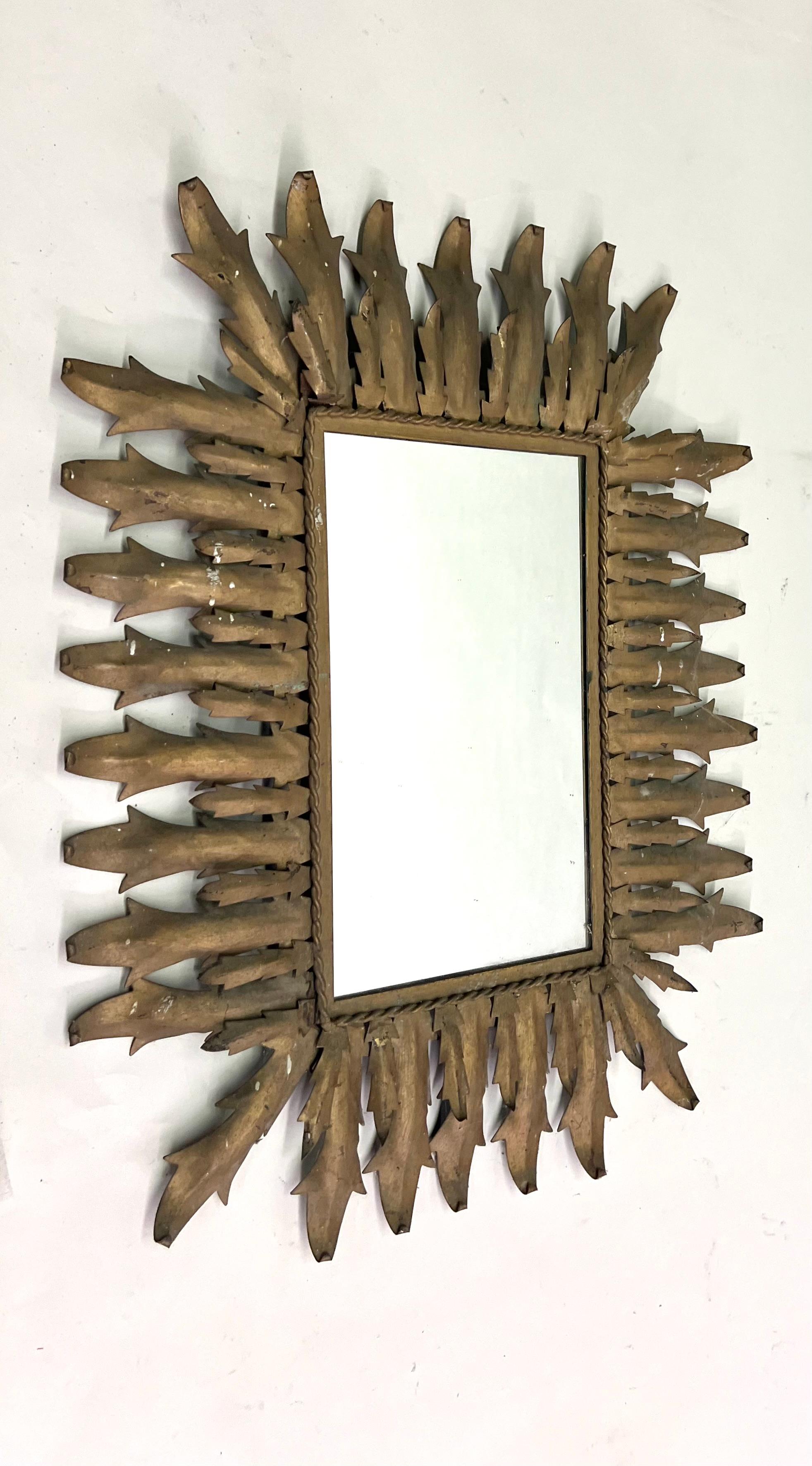 French Mid-Century Modern Neoclassical Gilt Iron Rectangular Sunburst Mirror In Good Condition In New York, NY