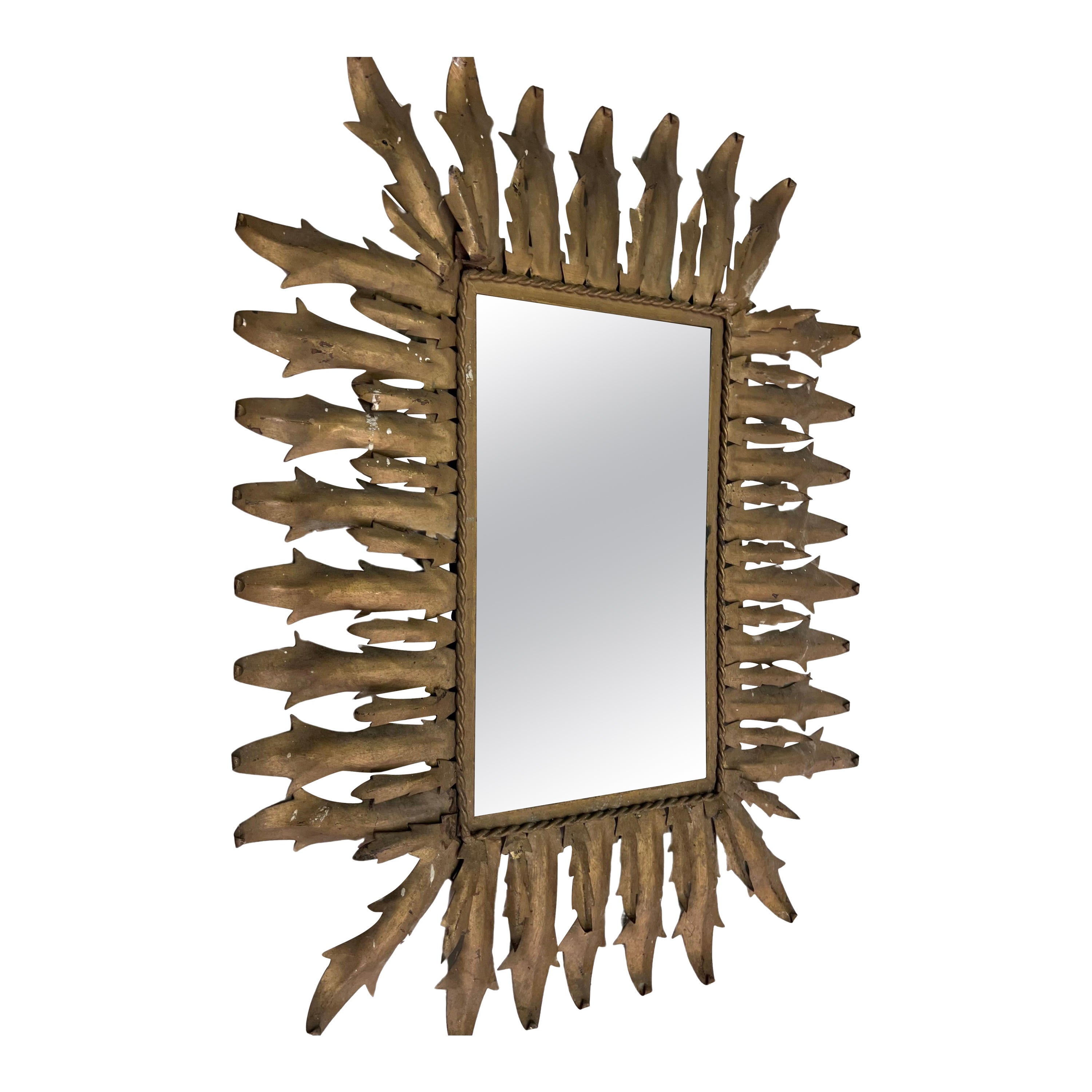 French Mid-Century Modern Neoclassical Gilt Iron Rectangular Sunburst Mirror