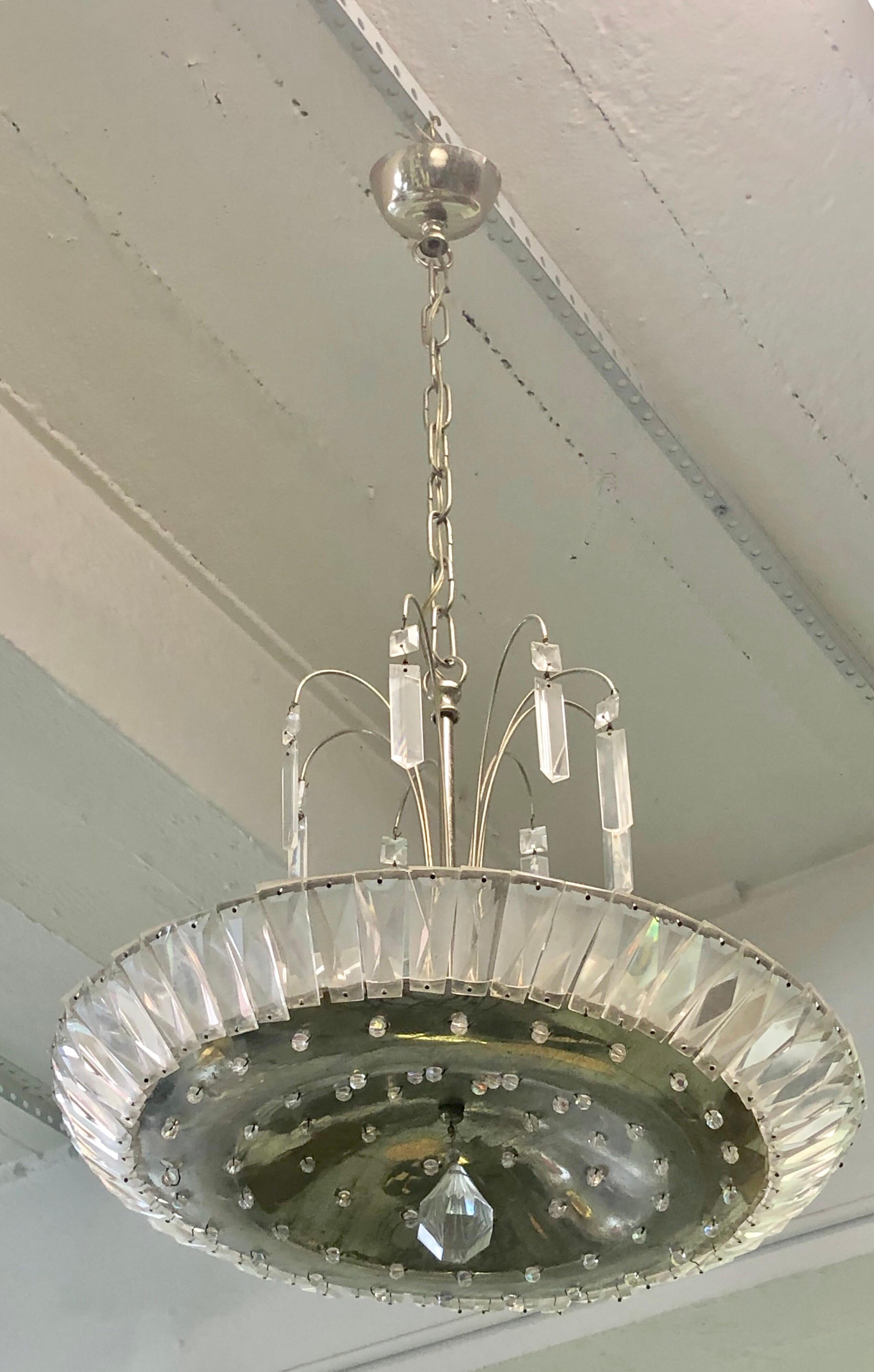 French Mid-Century Modern Neoclassical Nickel and Crystal Chandelier / Pendant In Good Condition For Sale In New York, NY