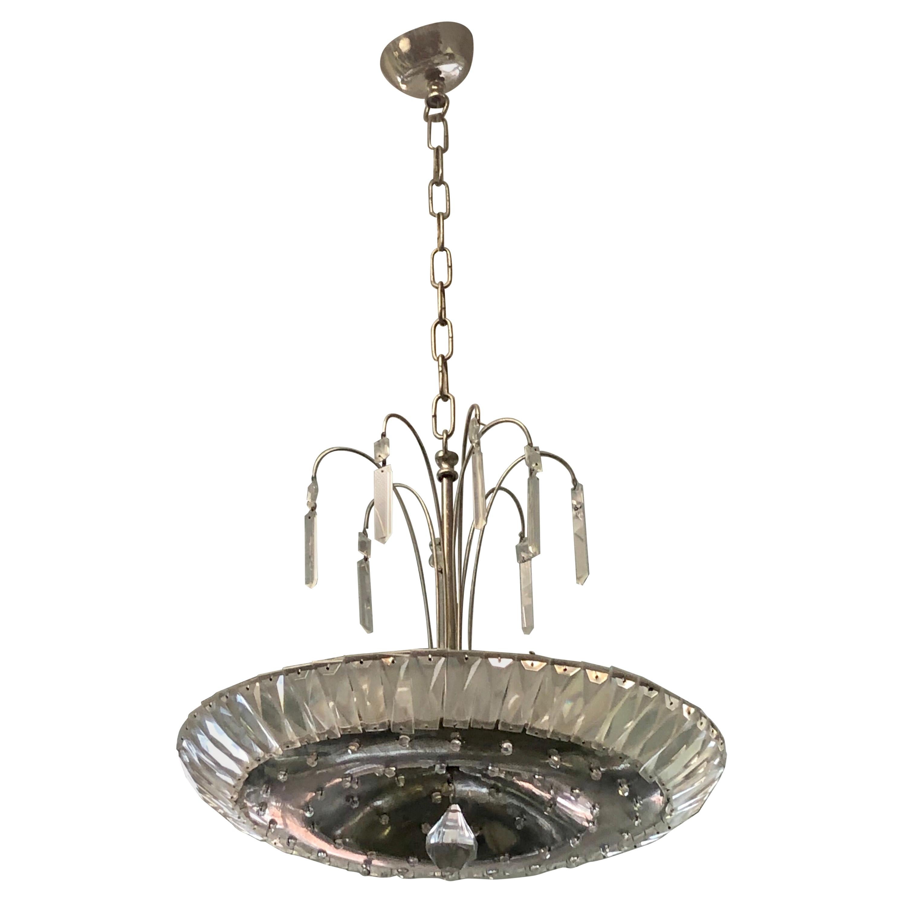French Mid-Century Modern Neoclassical Nickel and Crystal Chandelier / Pendant