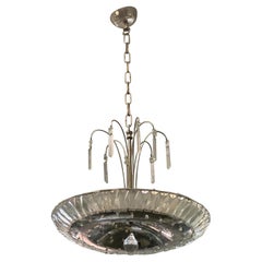 French Mid-Century Modern Neoclassical Nickel and Crystal Chandelier / Pendant